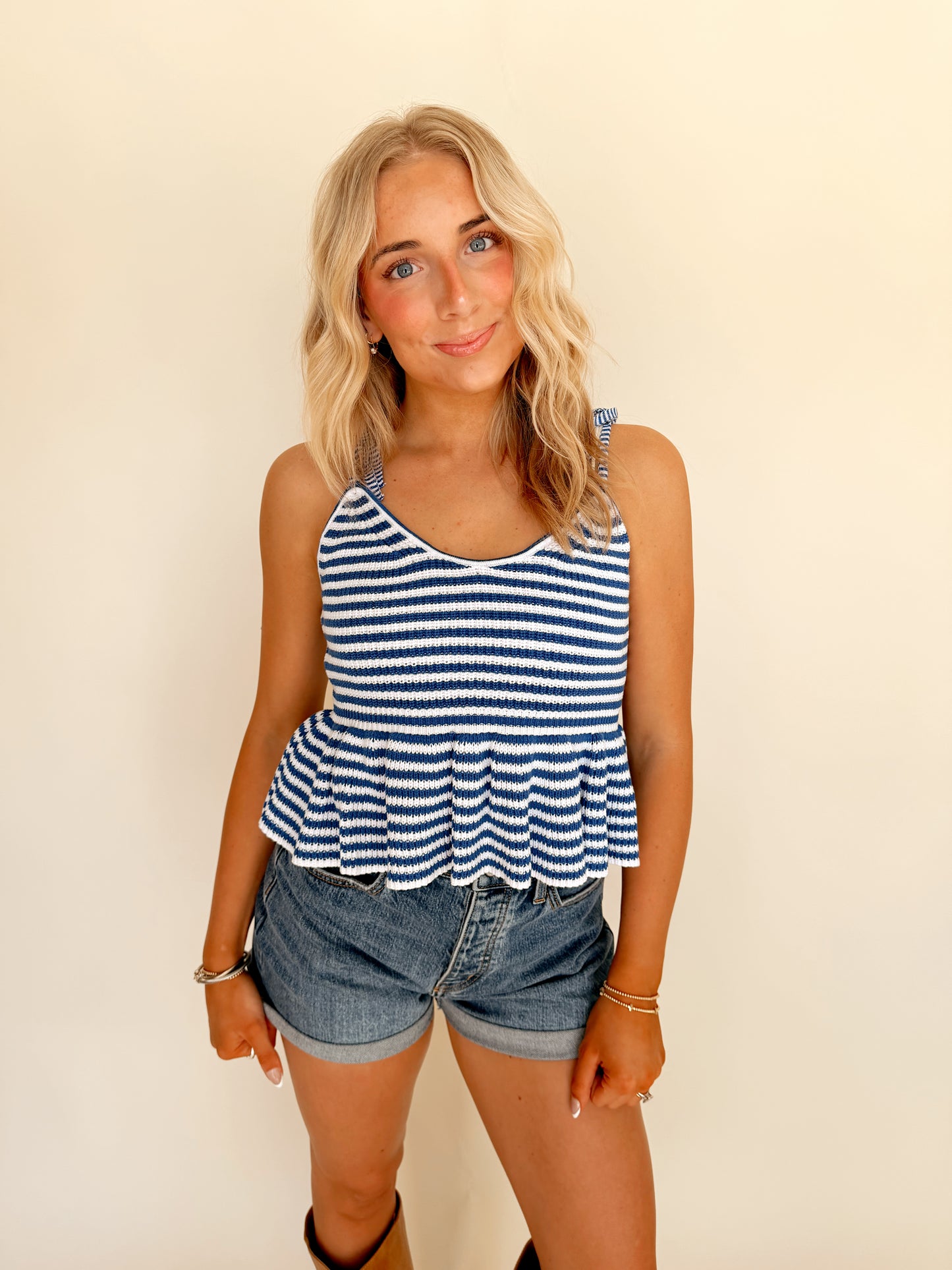Blue Striped Tie Strap Peplum Top