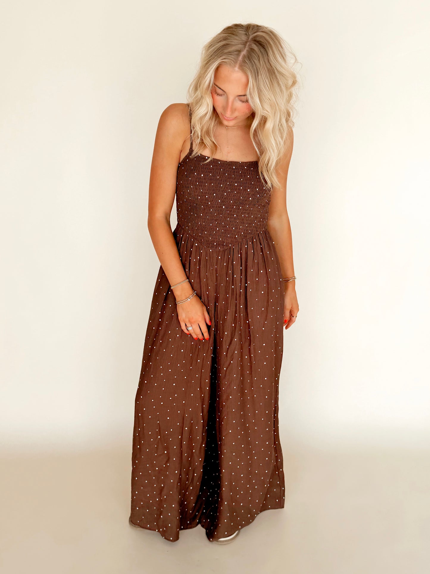 Chocolate Polka Dot Print Smocked Jumpsuit