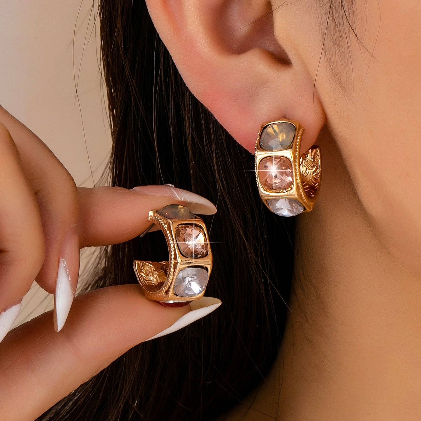 Multi Color Gem Crystal Hoop Earrings