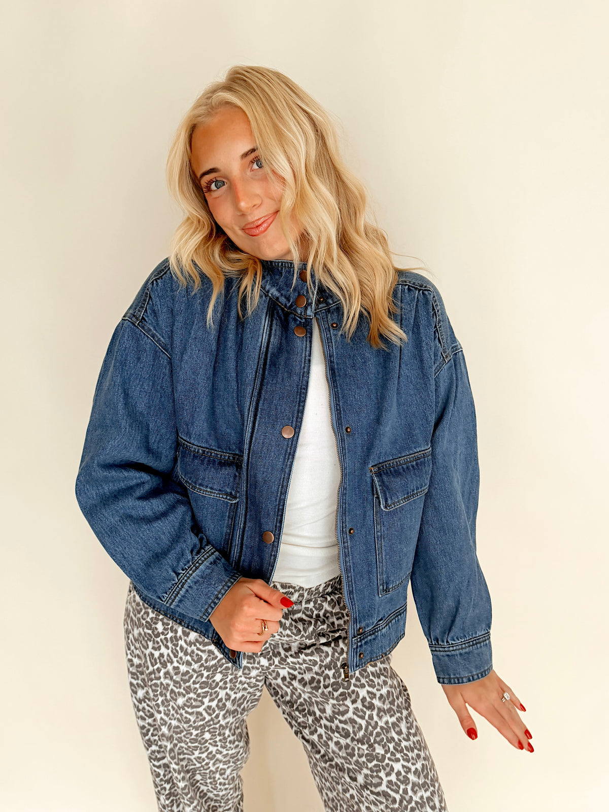 Denim Funnel Neck Snap Button Jacket