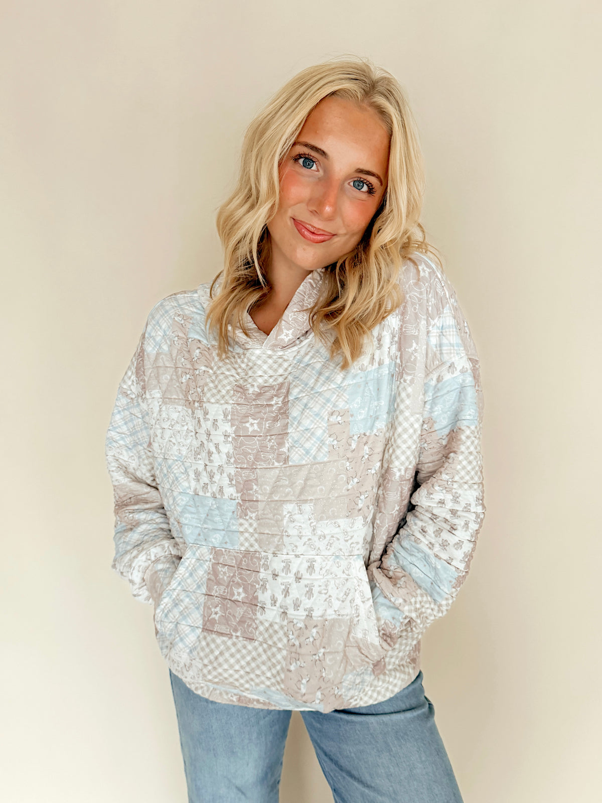Quilted Patchwork Hooded Pullover