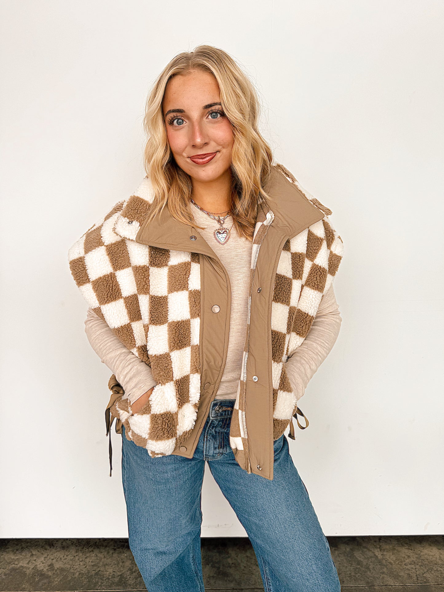 Beige Checkered Fleece Vest