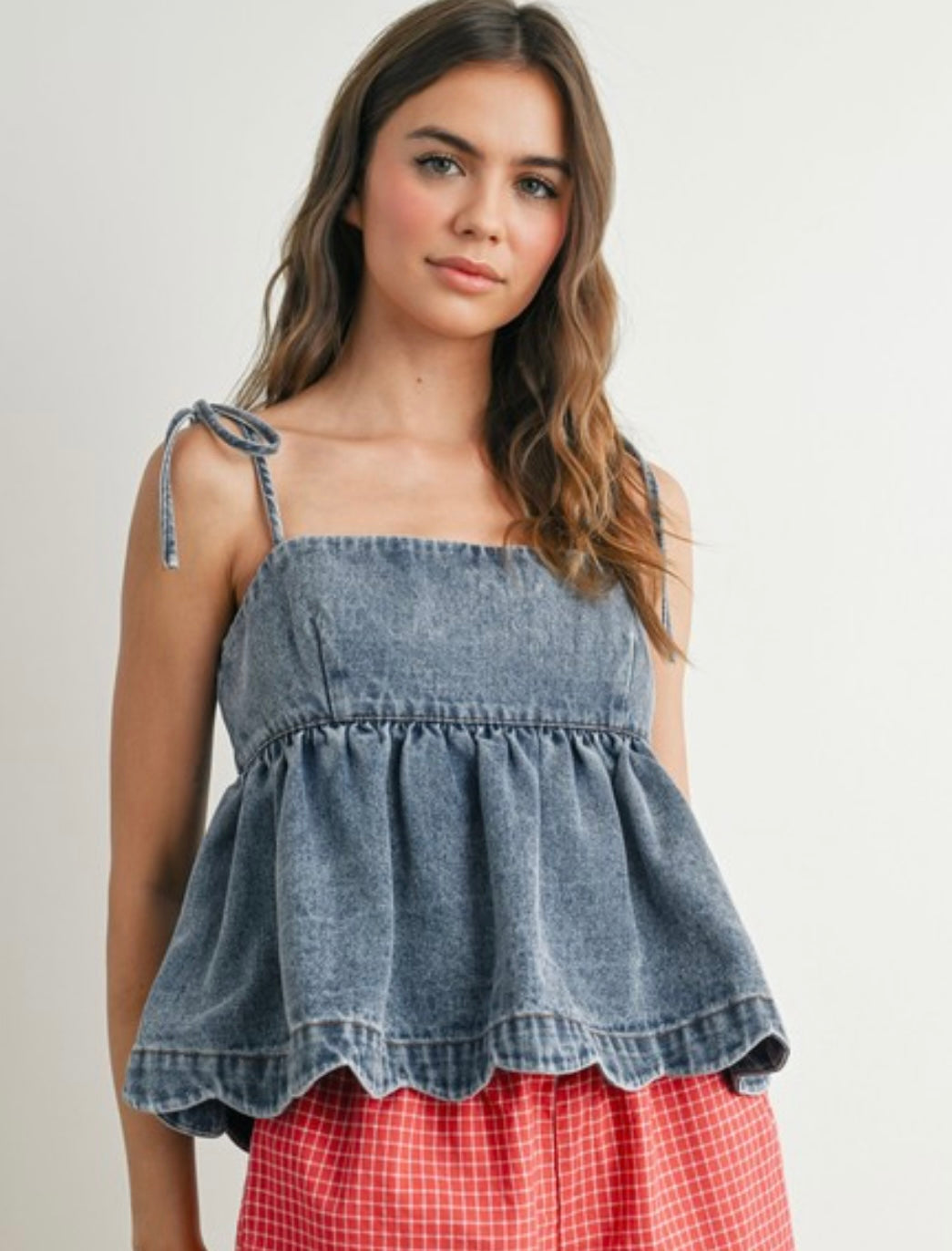 Denim Tie Strap Peplum Top