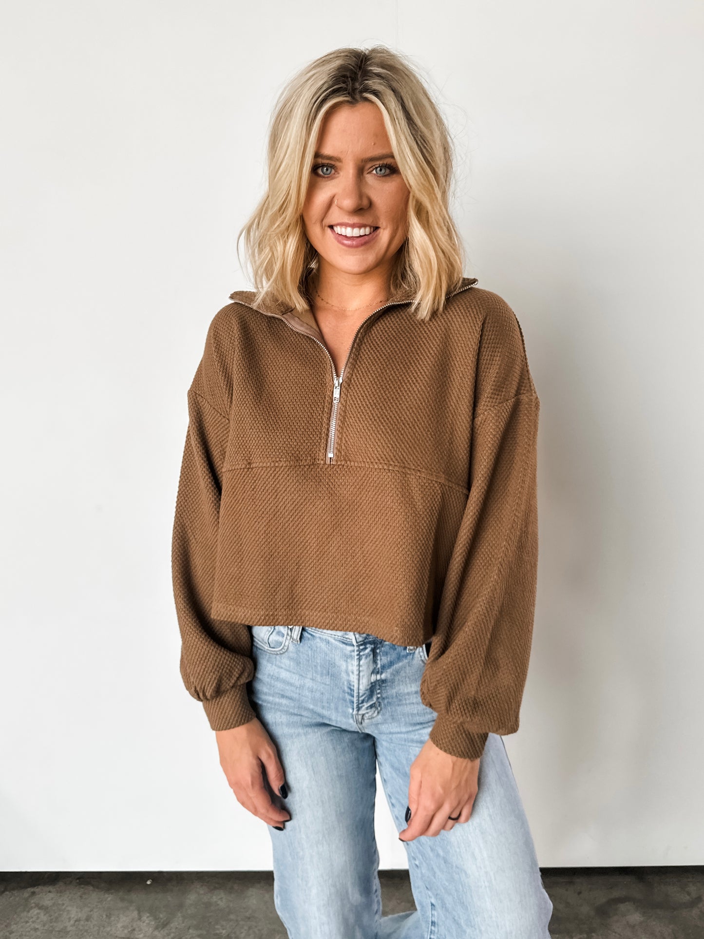 Cocoa Thermal Cropped Half Zip Pullover