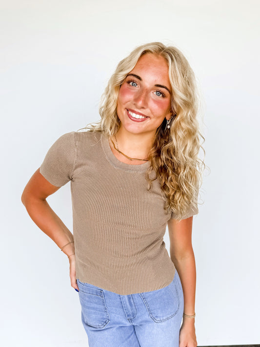 Mocha Washed Ribbed Knit Tee