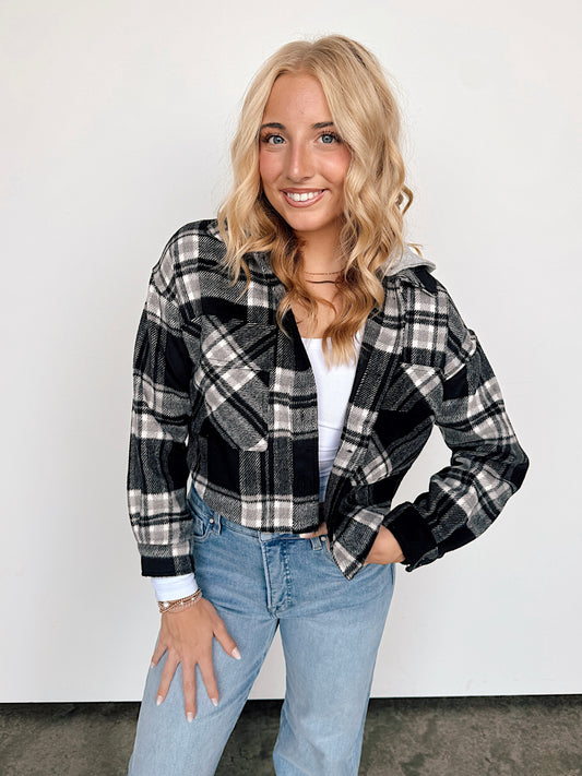 Black Hooded Cropped Plaid Jacket