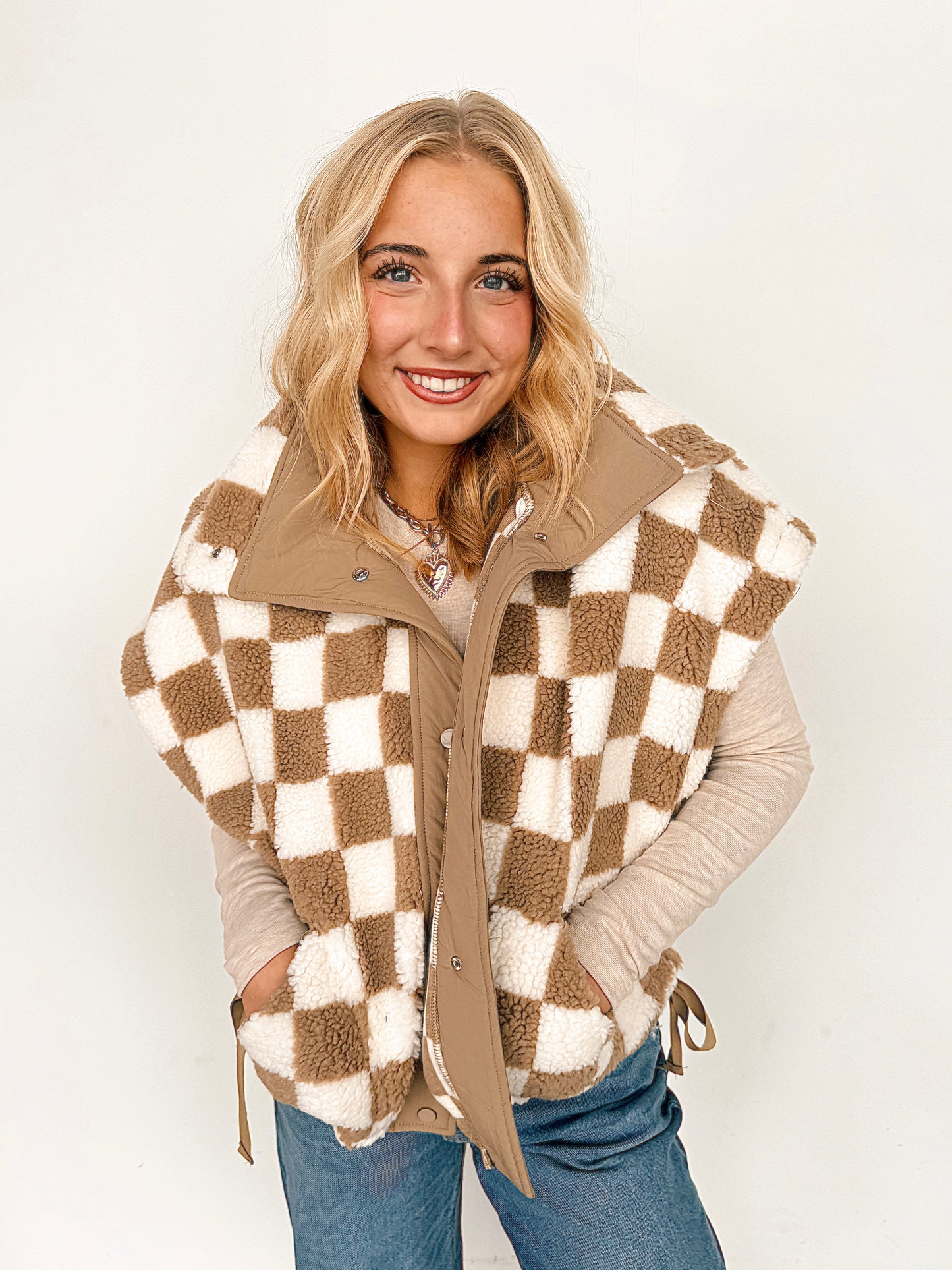 Beige Checkered Fleece Vest