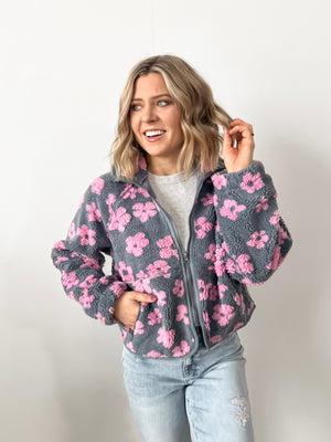 Charcoal + Pink Flower Power Fleece Jacket
