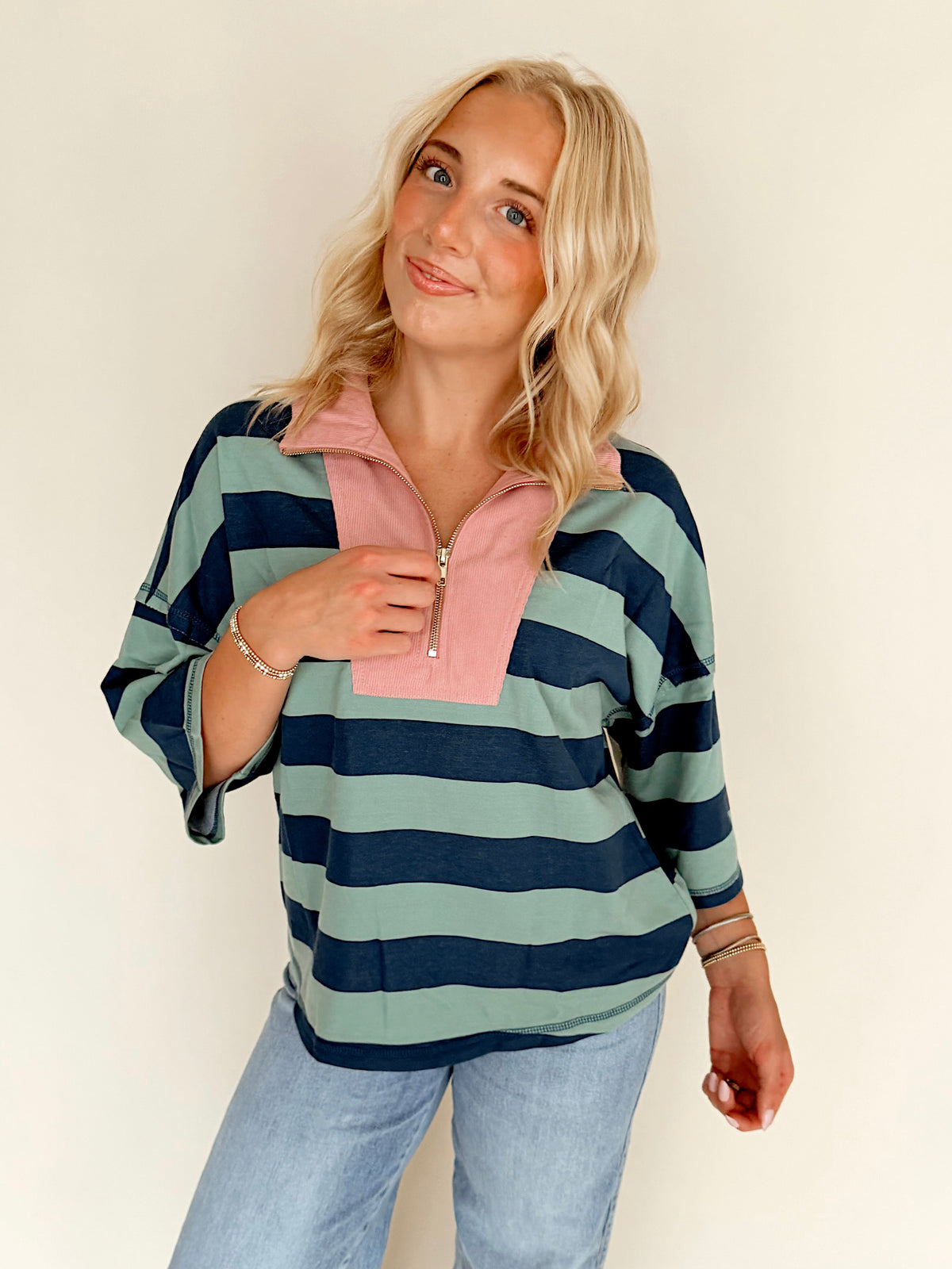 Sage & Teal Striped Drop Shoulder Half Zip