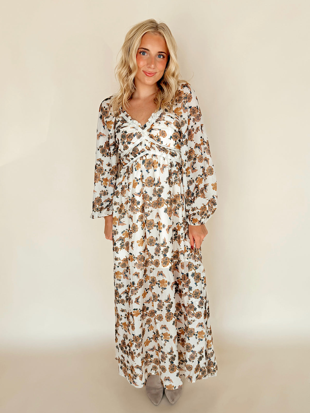 Cream Floral Print Velvet Trim Maxi Dress