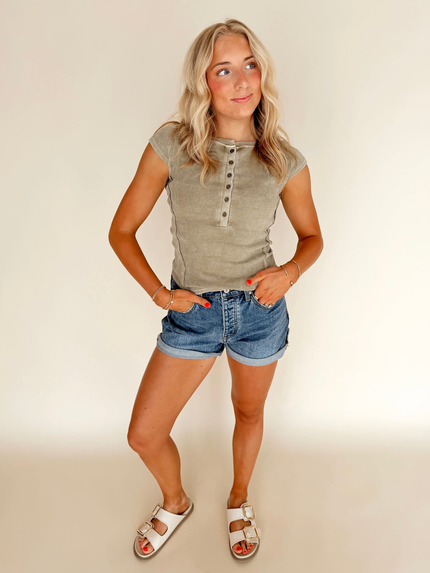 Olive Green Washed Henley Top