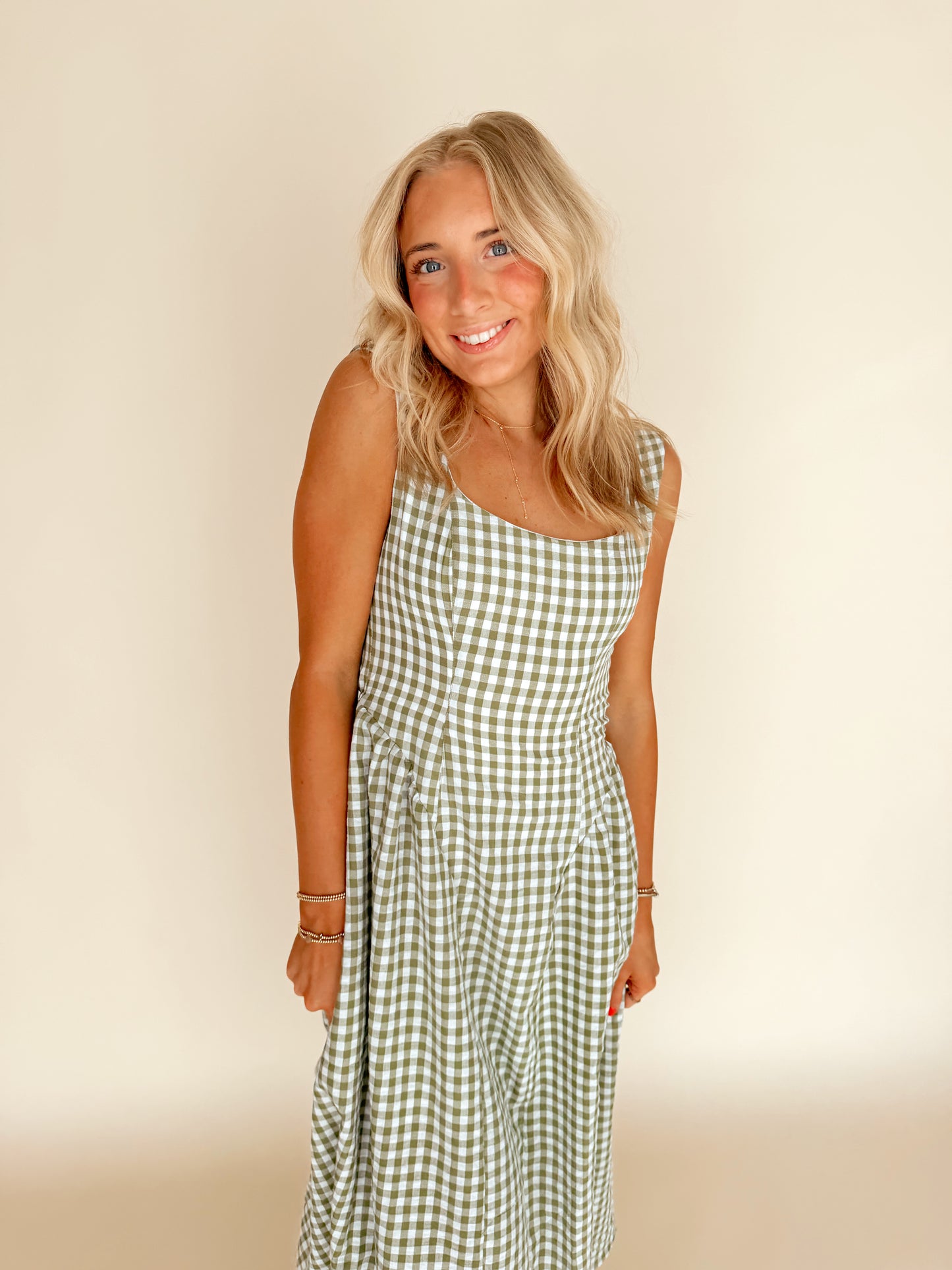 Sage Green Gingham Midi Dress