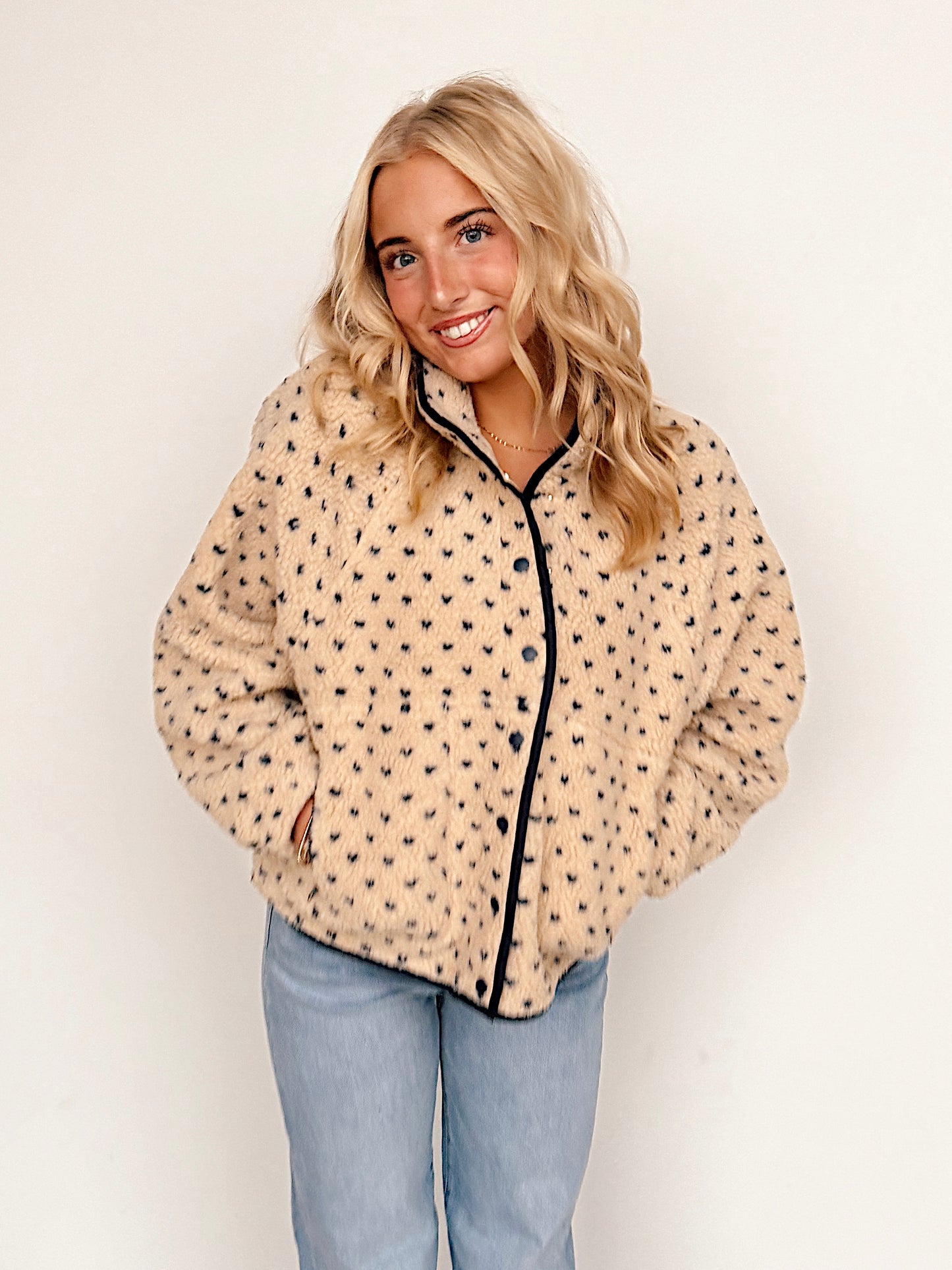 Beige & Navy Polka Dot Snap Button Fleece