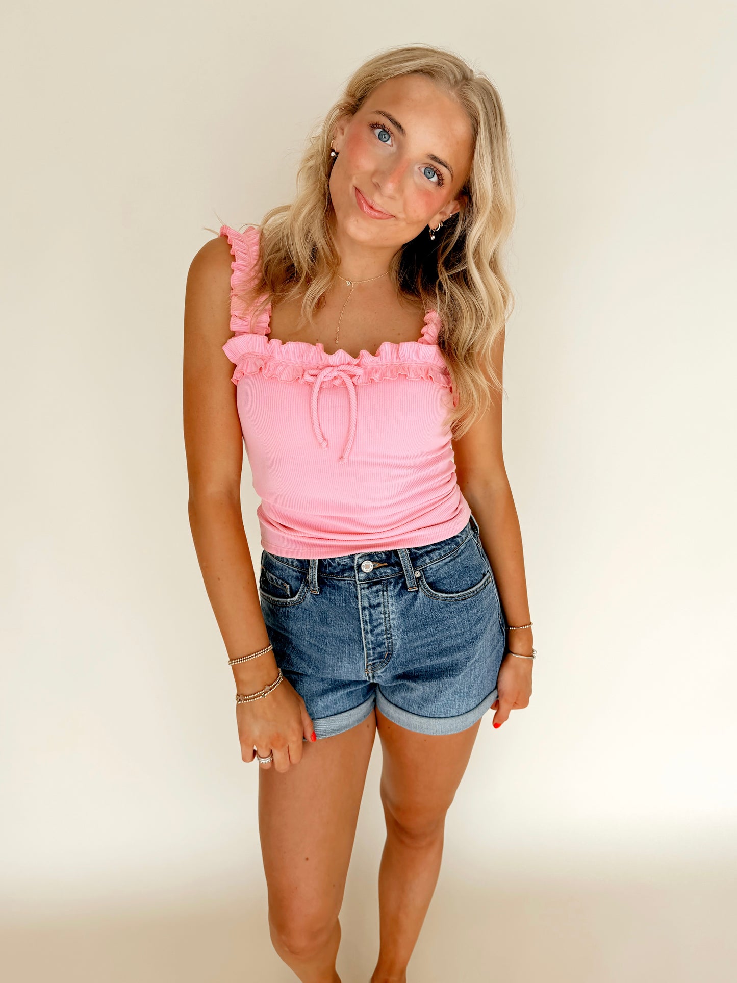 Bubblegum Pink Ruffle Trim Ribbed Tank