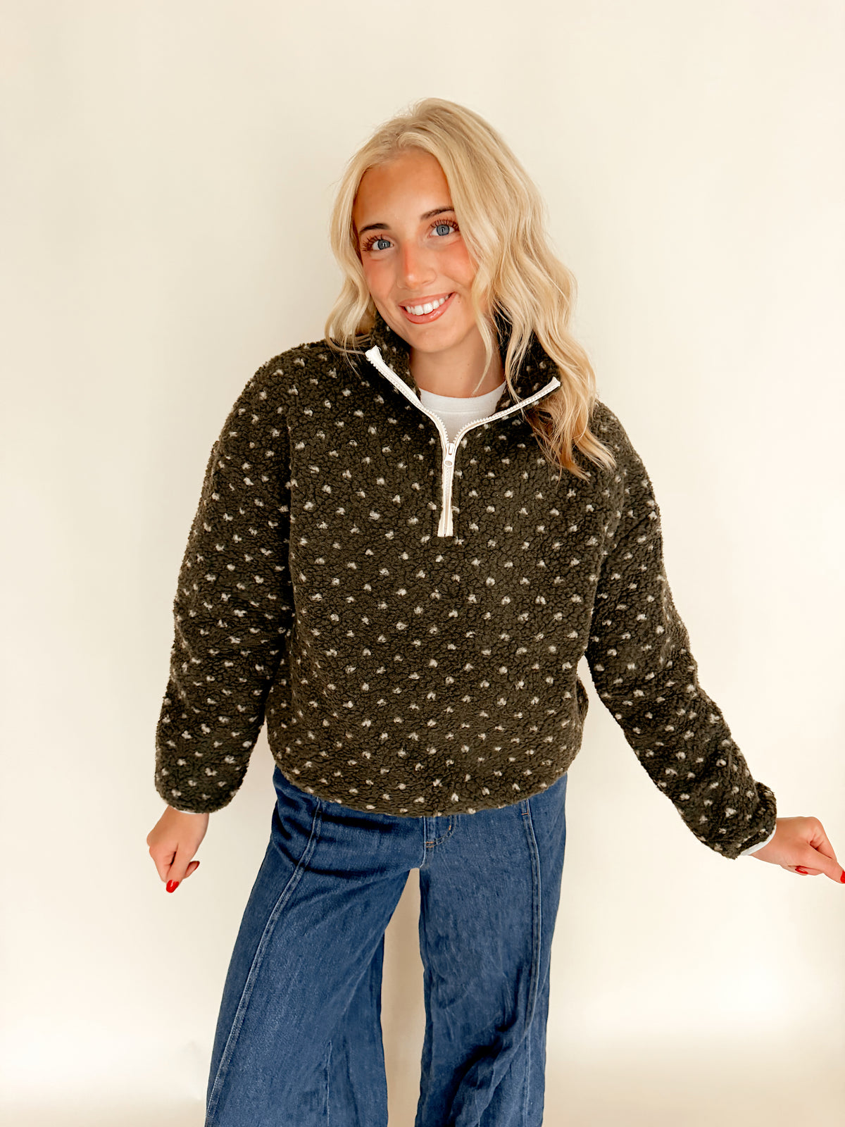 Dark Olive Polka Dot Half-Zip Pullover