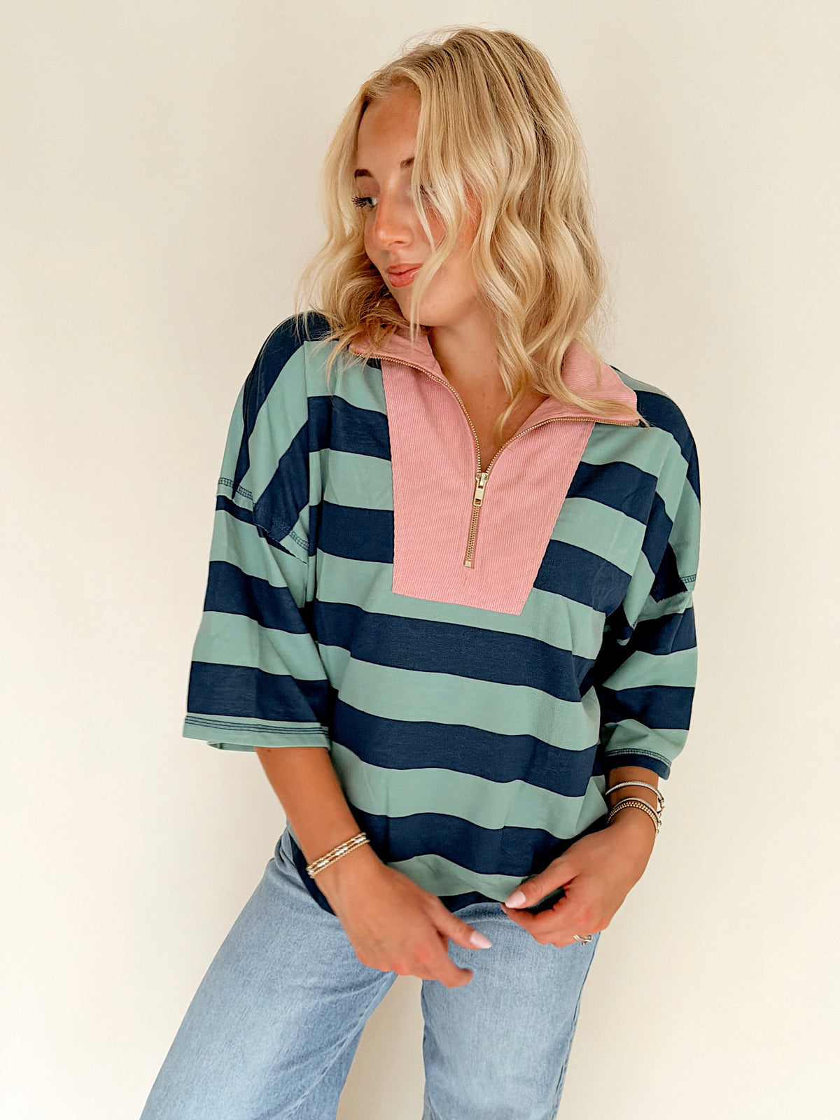 Sage & Teal Striped Drop Shoulder Half Zip