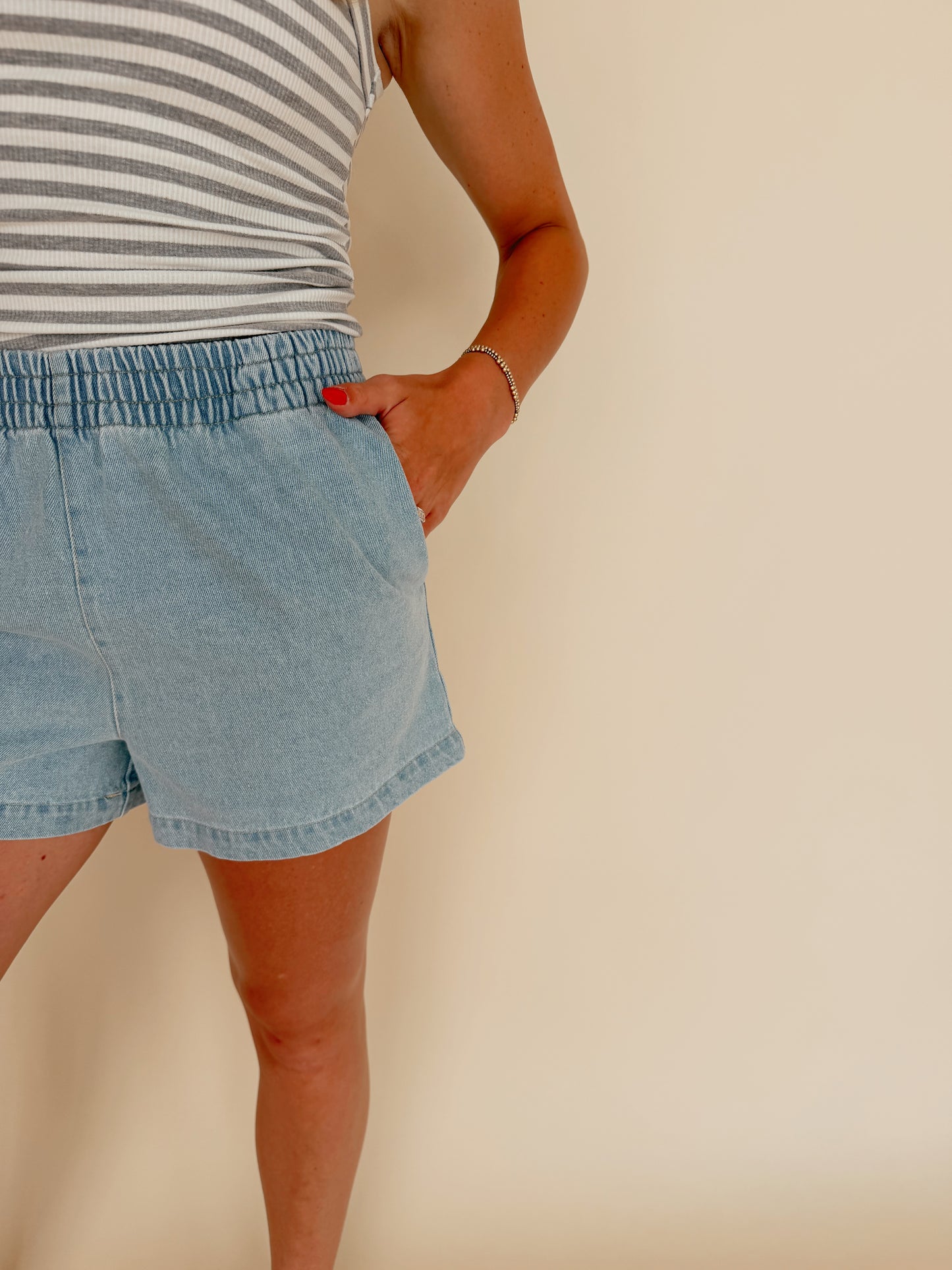 Elastic Waist Mineral Wash Denim Shorts