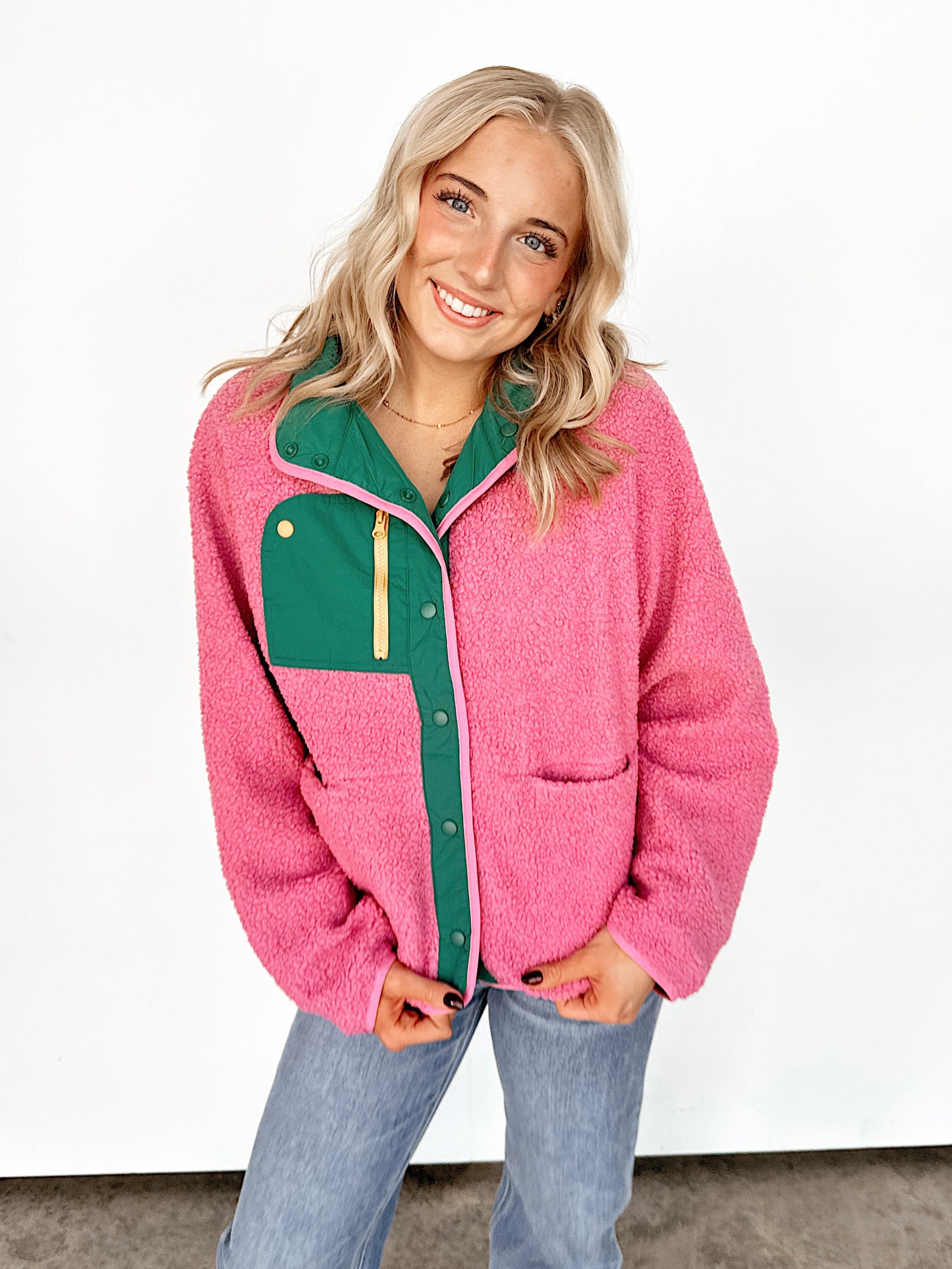 Bubblegum Pink Colorblock Snap Button Fleece