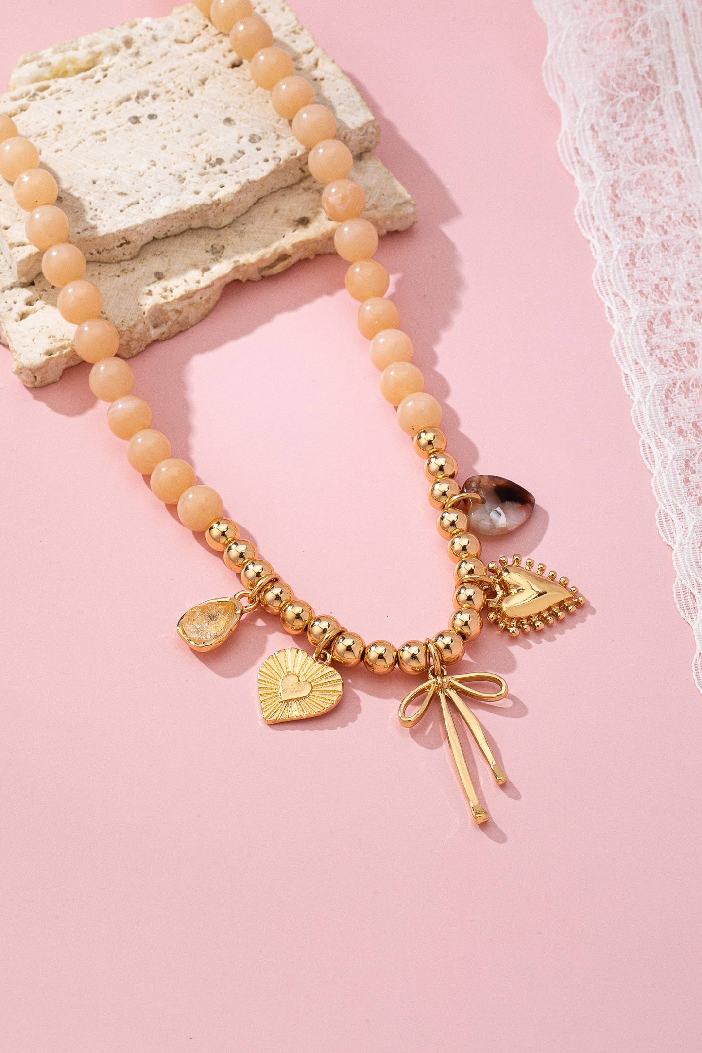Beaded Bow Heart Rhinestone Charm Necklace