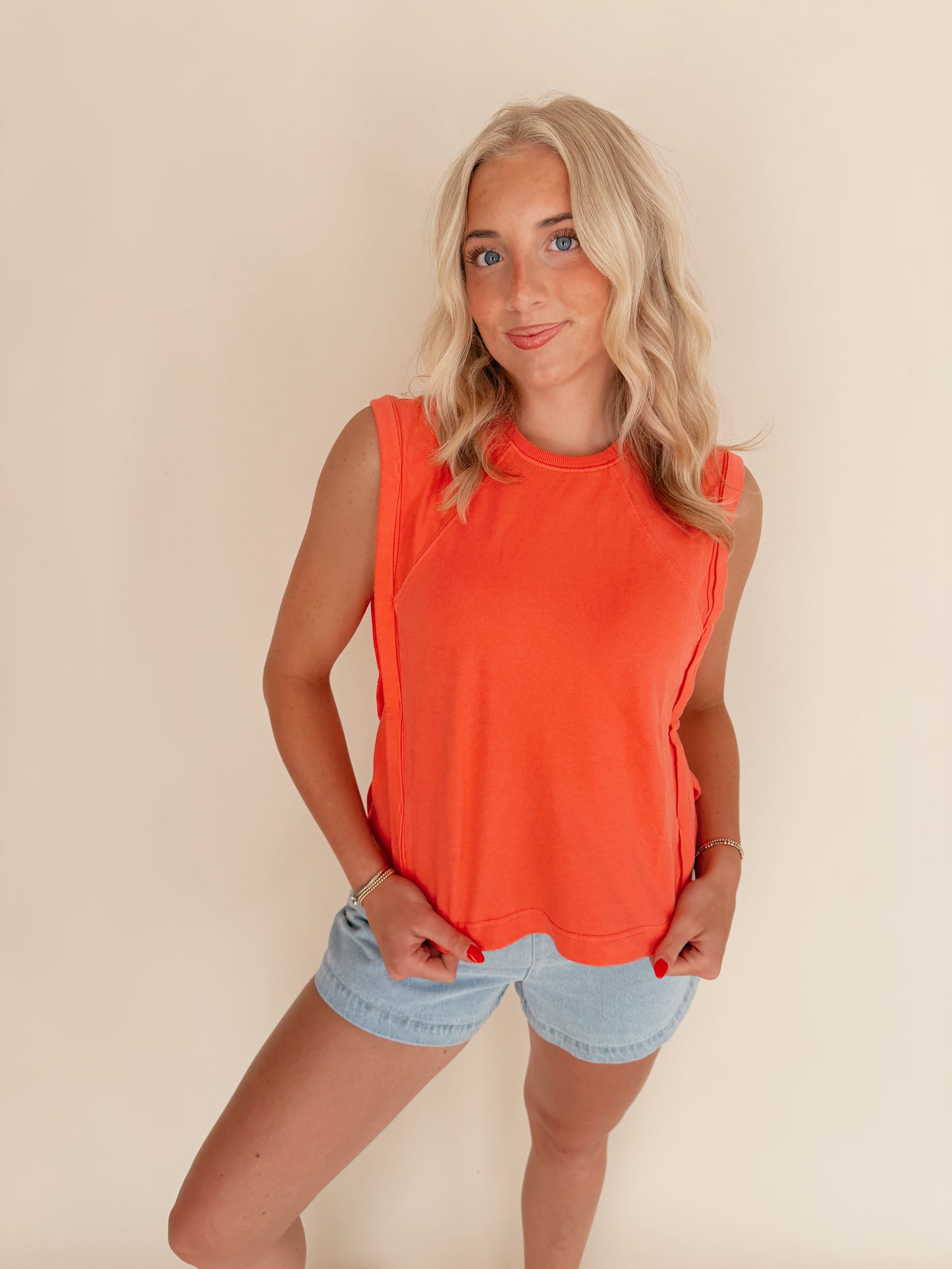 Coral Round Neck Sleeveless Boxy Top