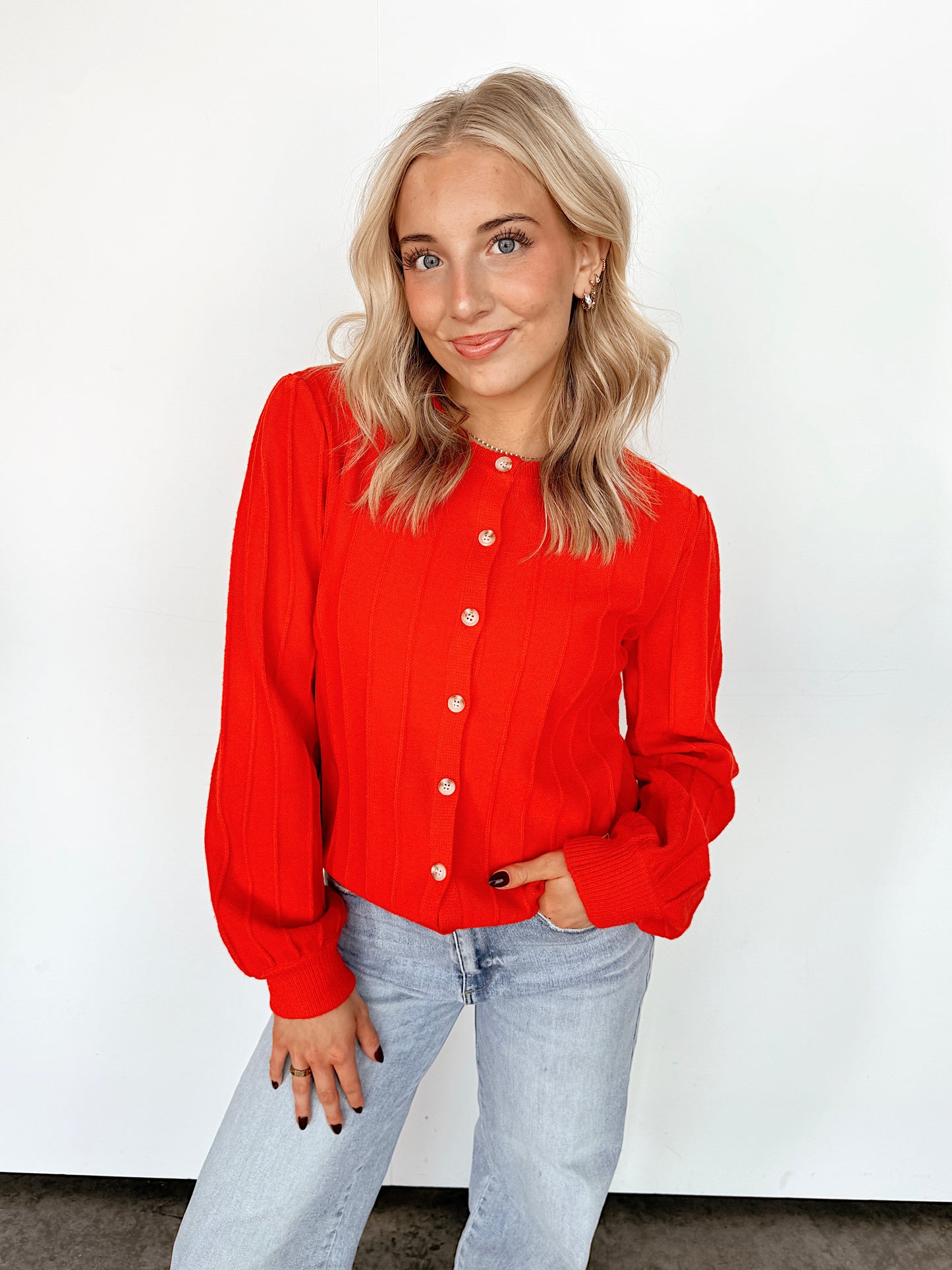 Red Ribbed Detail Cardigan