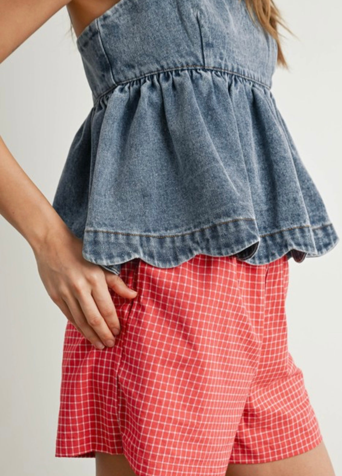Denim Tie Strap Peplum Top