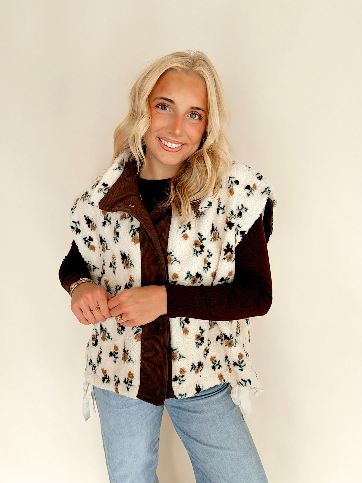 Cream Floral Sherpa Vest