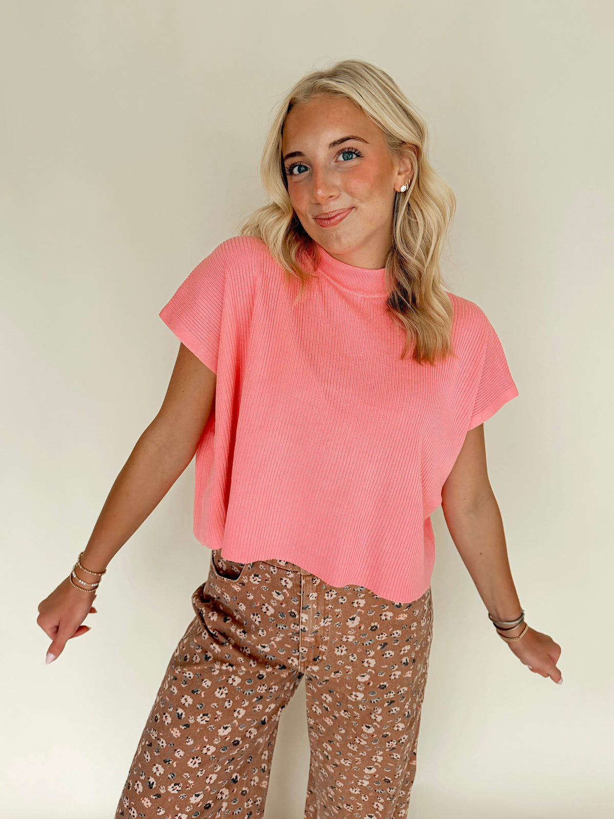 Pink Ribbed Mock Neck Top