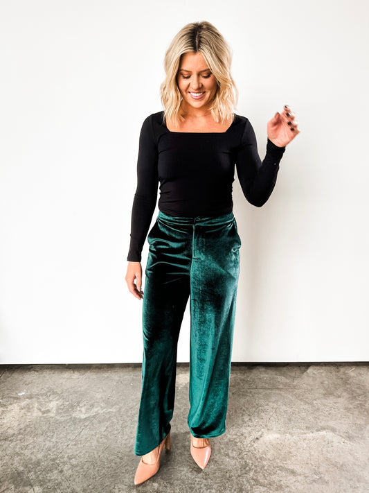 ‘Feliz Navidad’ Holiday Green Velvet Pants