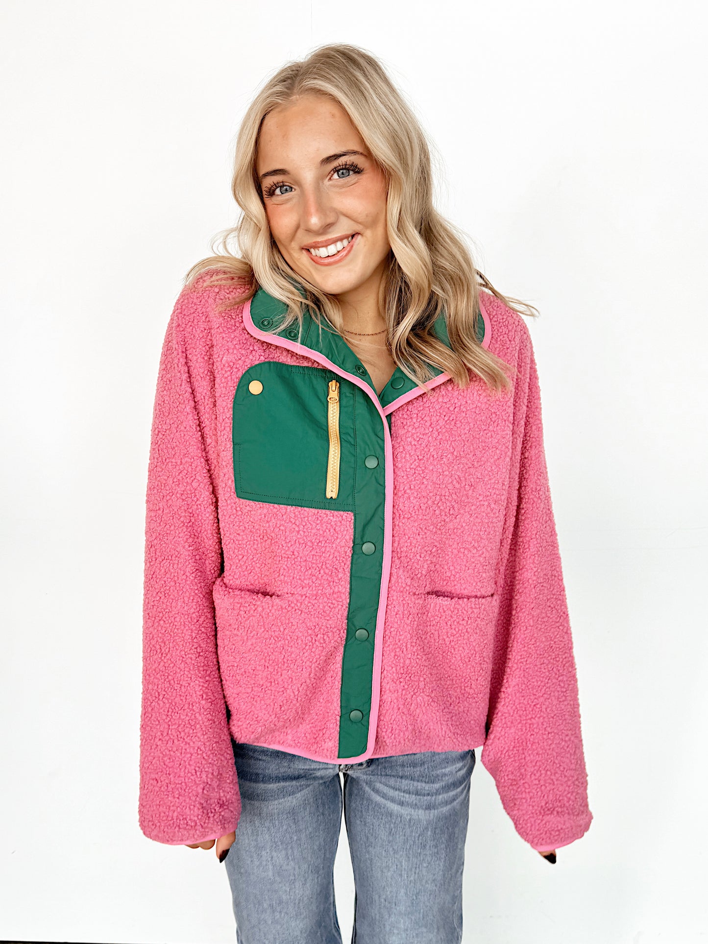 Bubblegum Pink Colorblock Snap Button Fleece