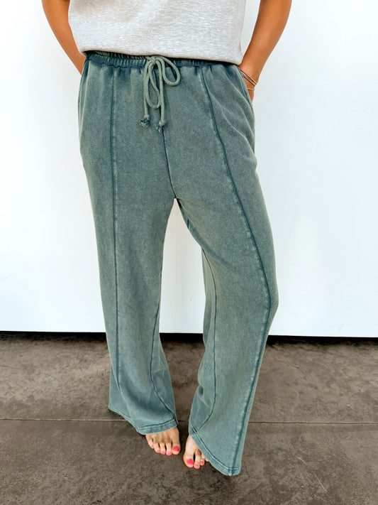 Dark Teal Acid Wash French Terry Wide-Leg Pants