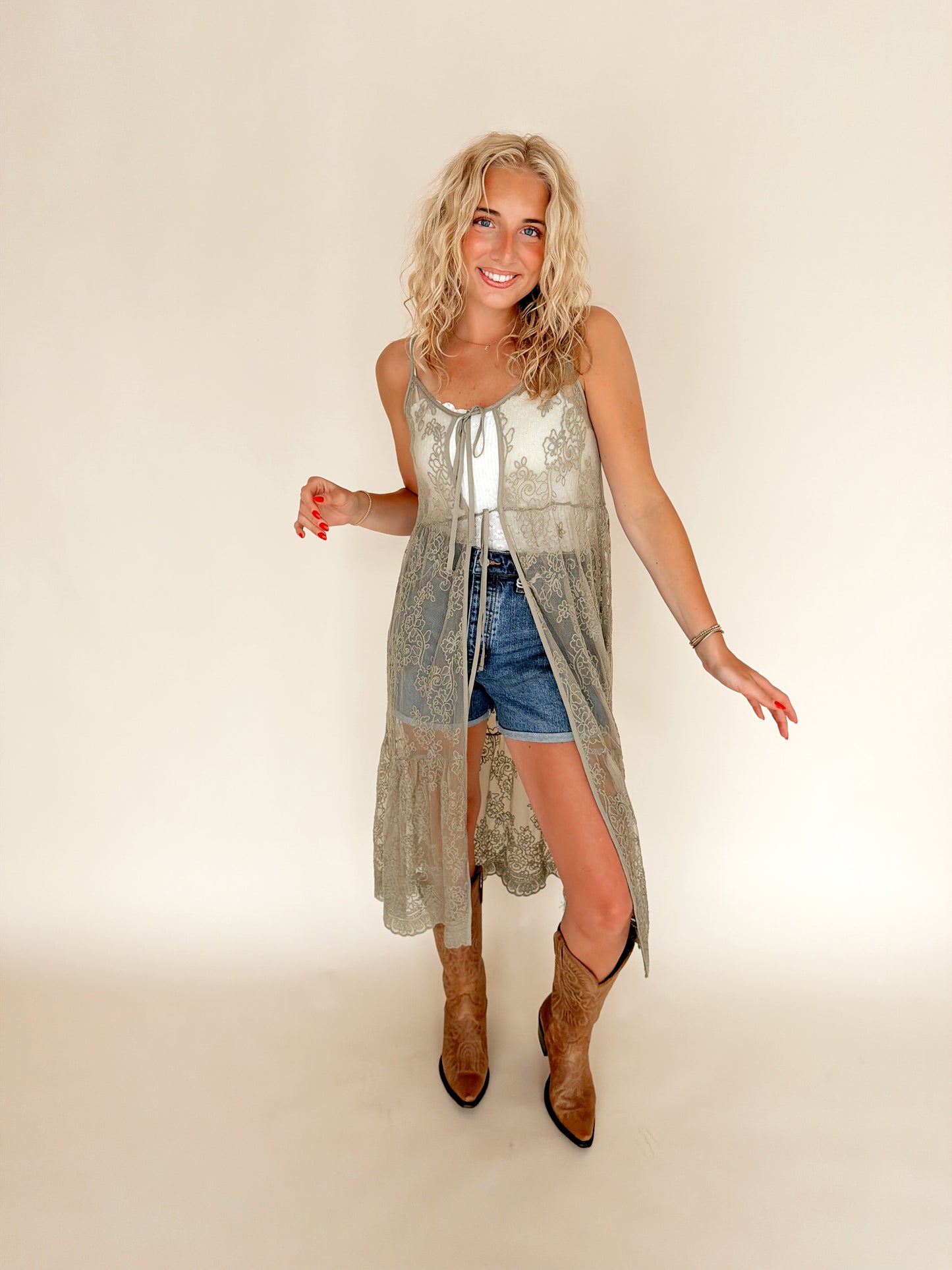 Light Olive Embroidered Lace Tie Duster