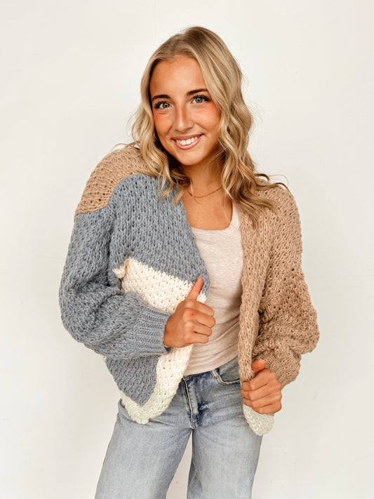 Blue & Beige Colorblock Cardigan