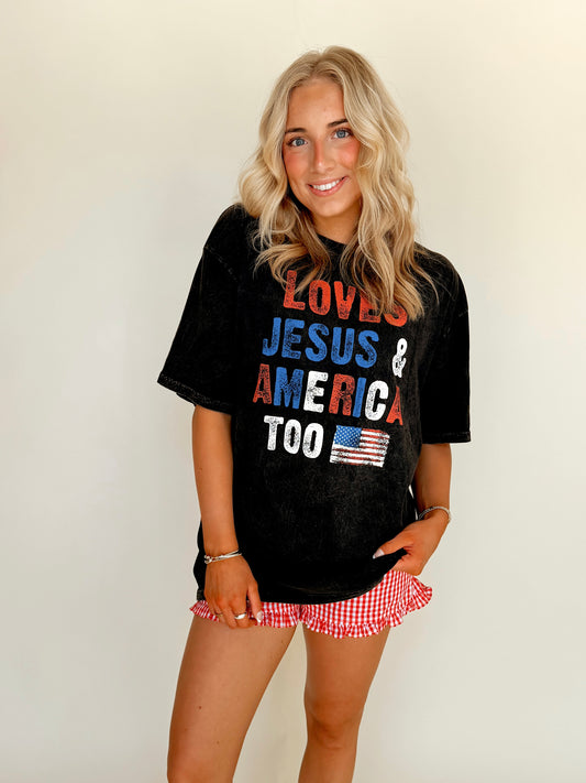 ‘Loves Jesus & America, Too’ Mineral Washed Oversized Tee
