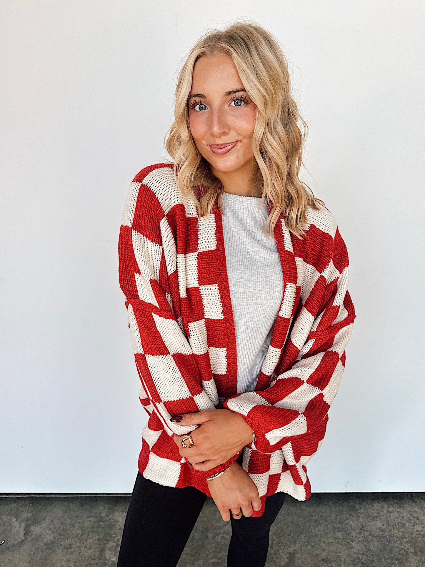 Red Checkered Oversized Cardigan