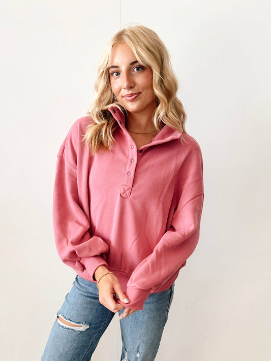 Rose Half Button Henley Pullover