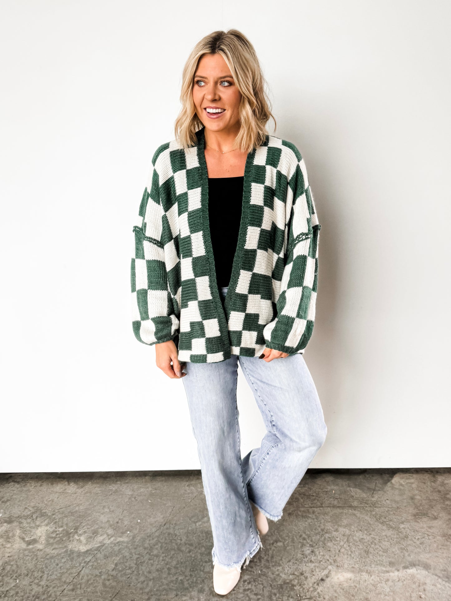 ‘Checking It Twice’ Holiday Green Checked Cardigan