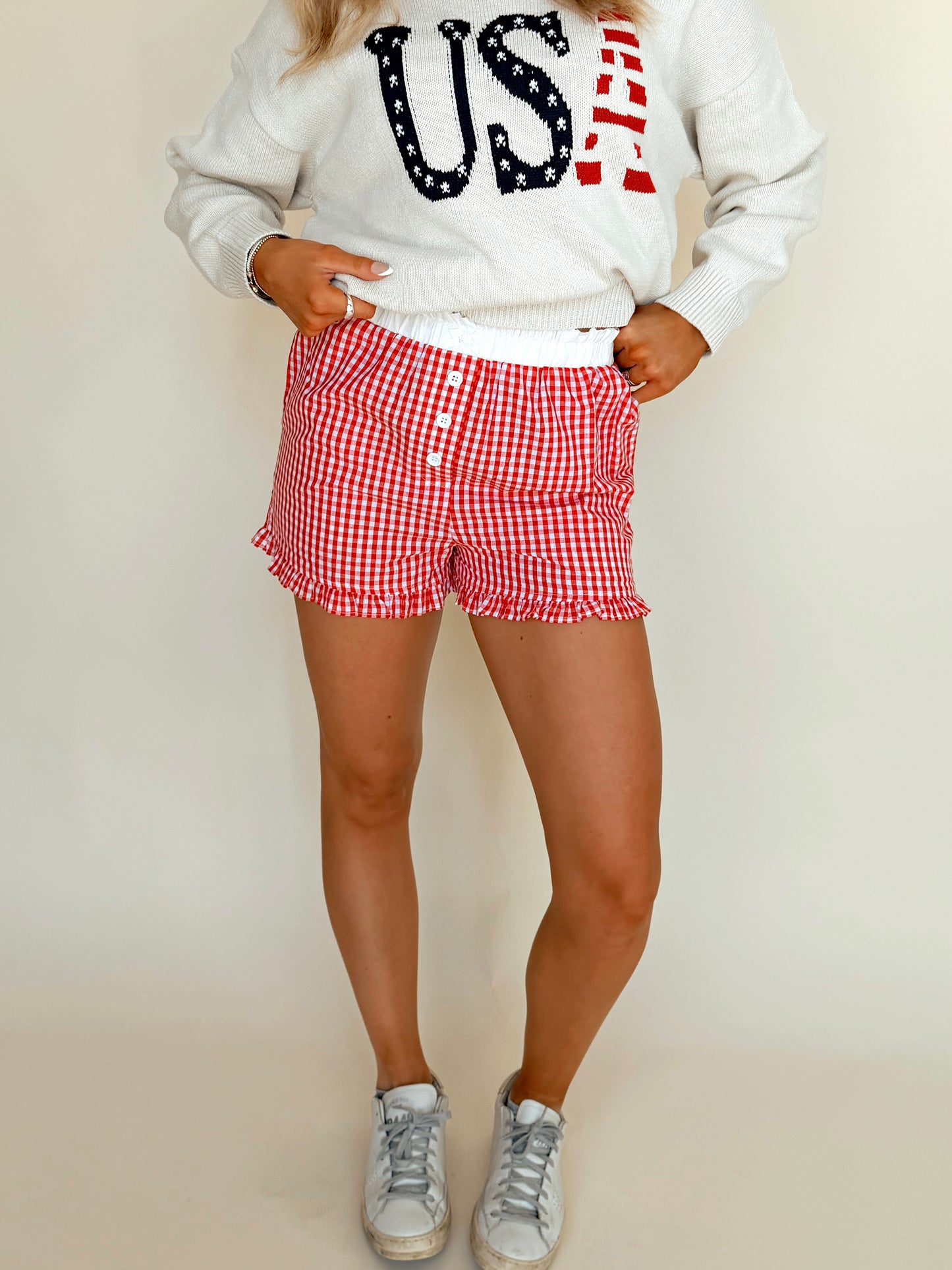 Gingham Ruffle Button-Front Shorts