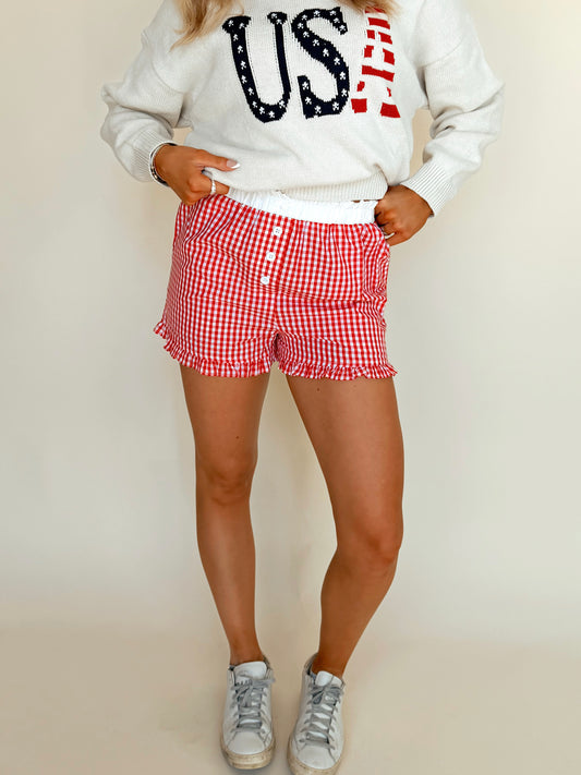 Gingham Ruffle Button-Front Shorts