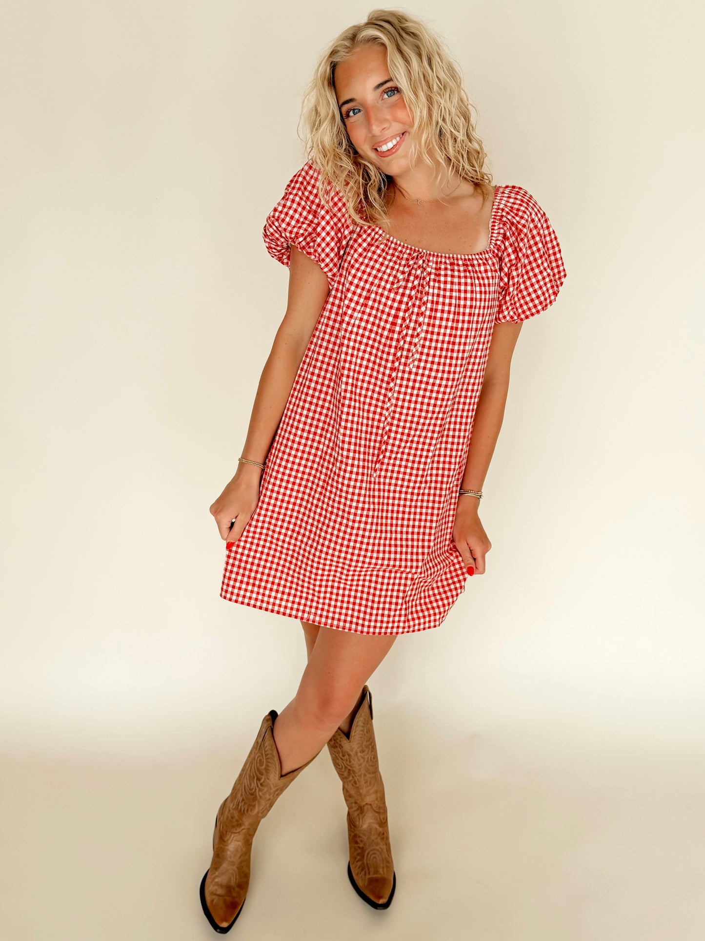 Red Gingham Puff Sleeve Dress