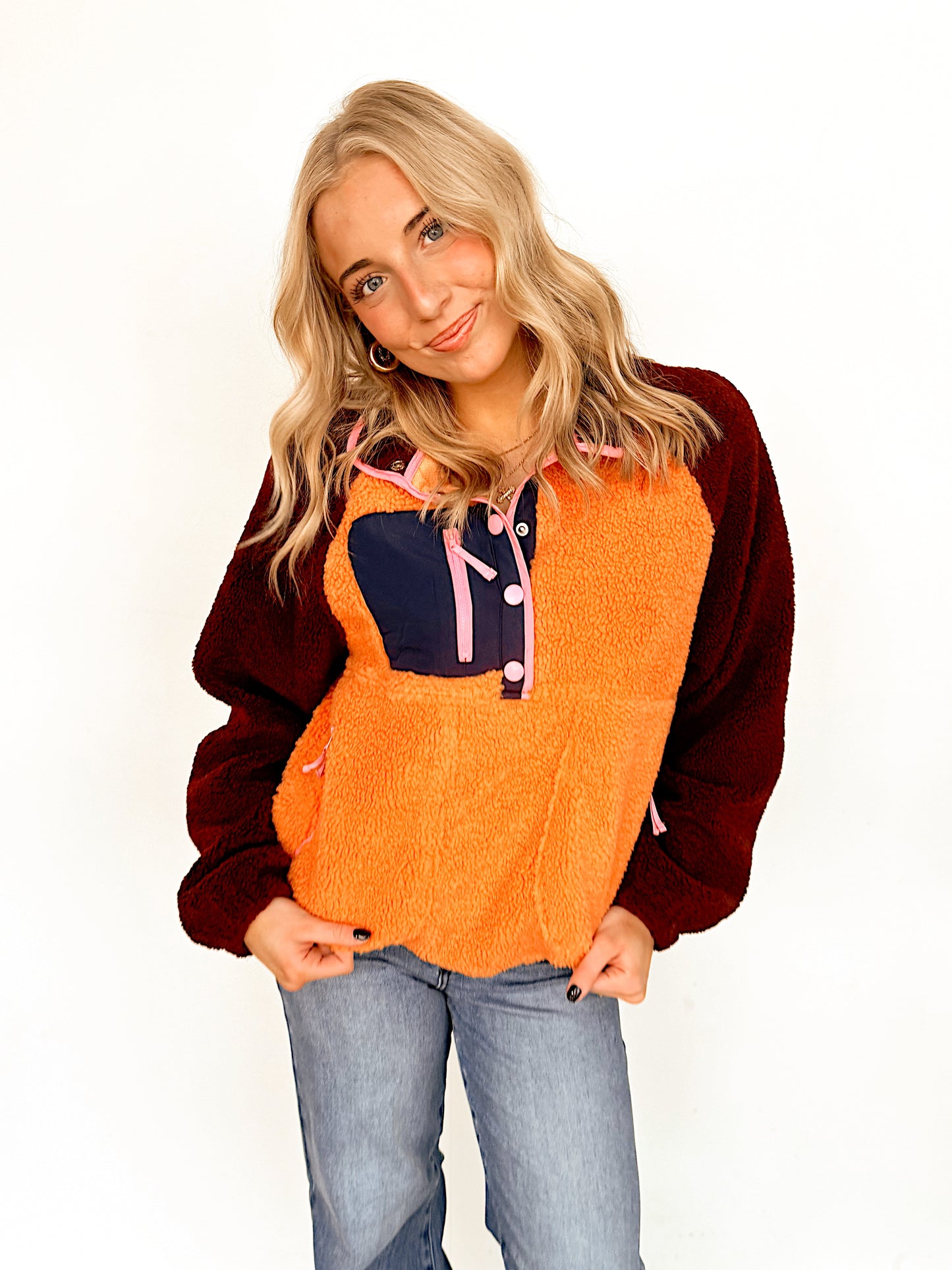 Colorblock Button Snap Pullover Fleece