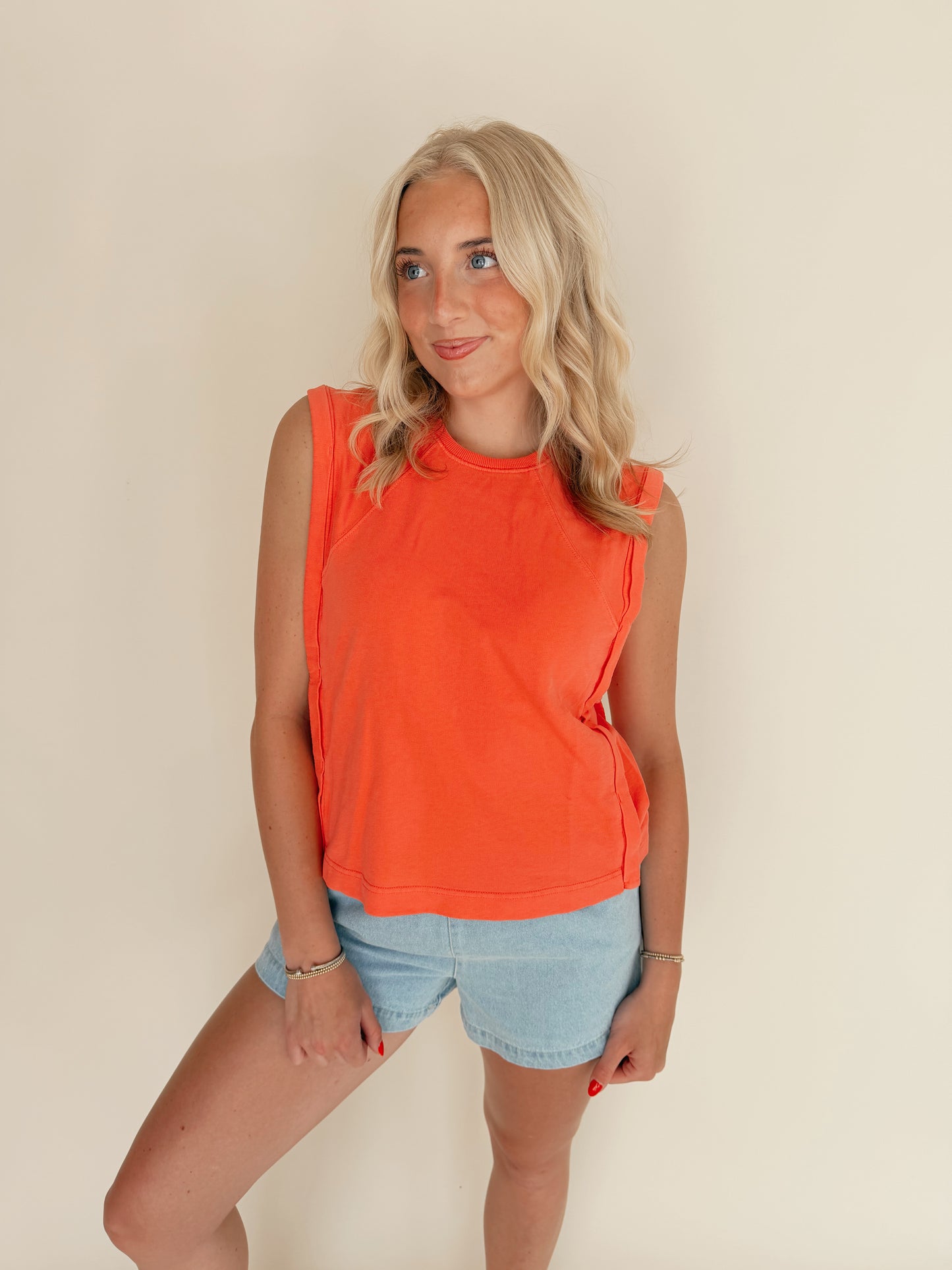 Coral Round Neck Sleeveless Boxy Top