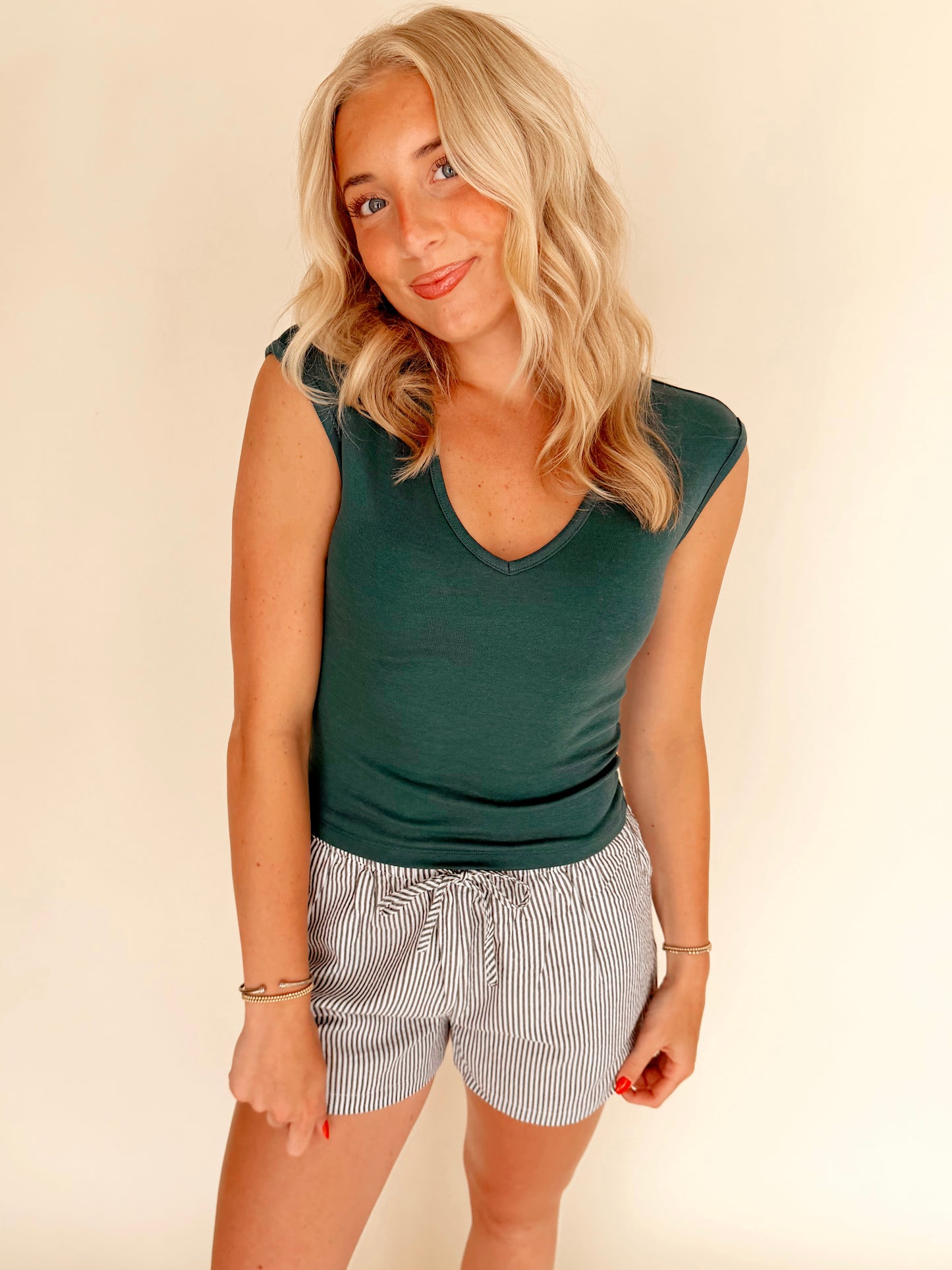 Dark Teal V-Neck Cap Sleeve Top