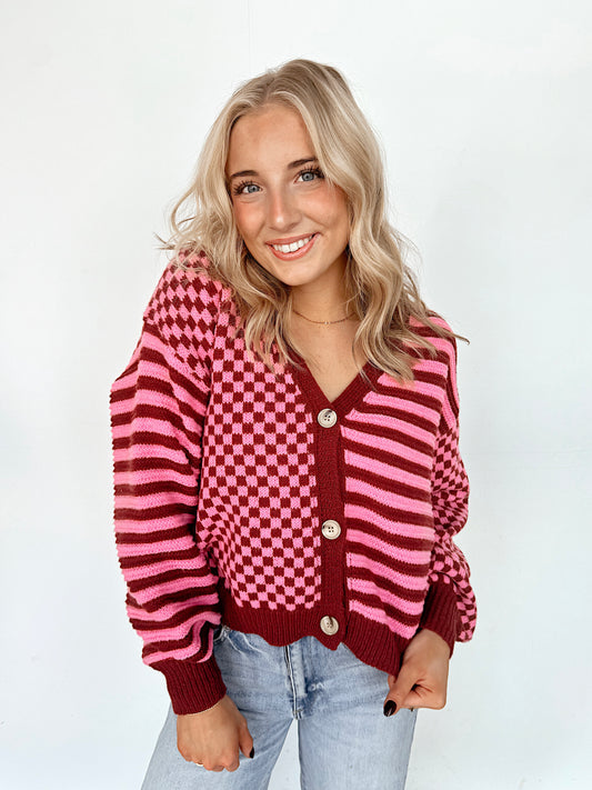 Pink & Maroon Checkered Colorblock Sweater