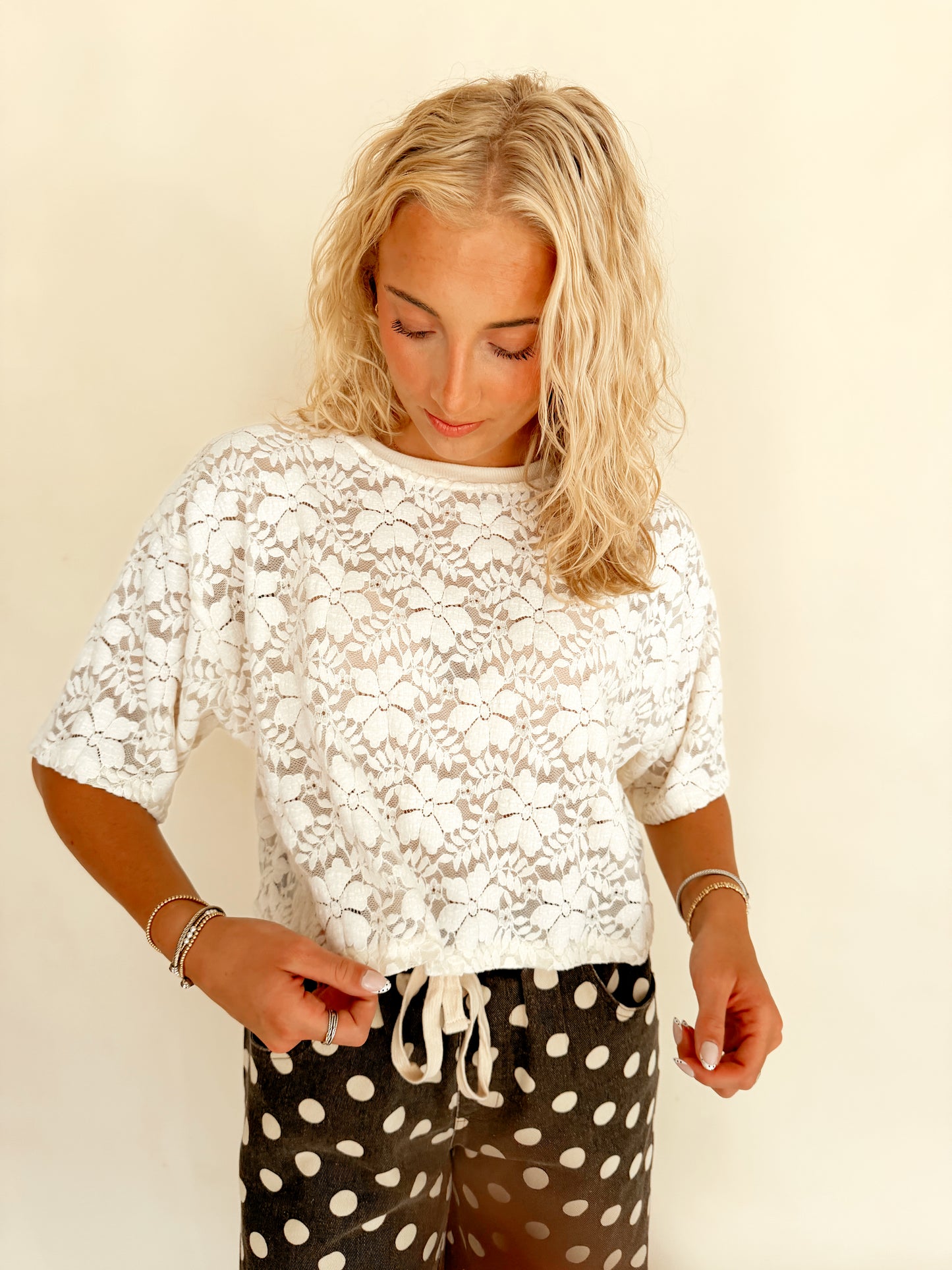 Cream Floral Lace Boxy Cropped Knit Top