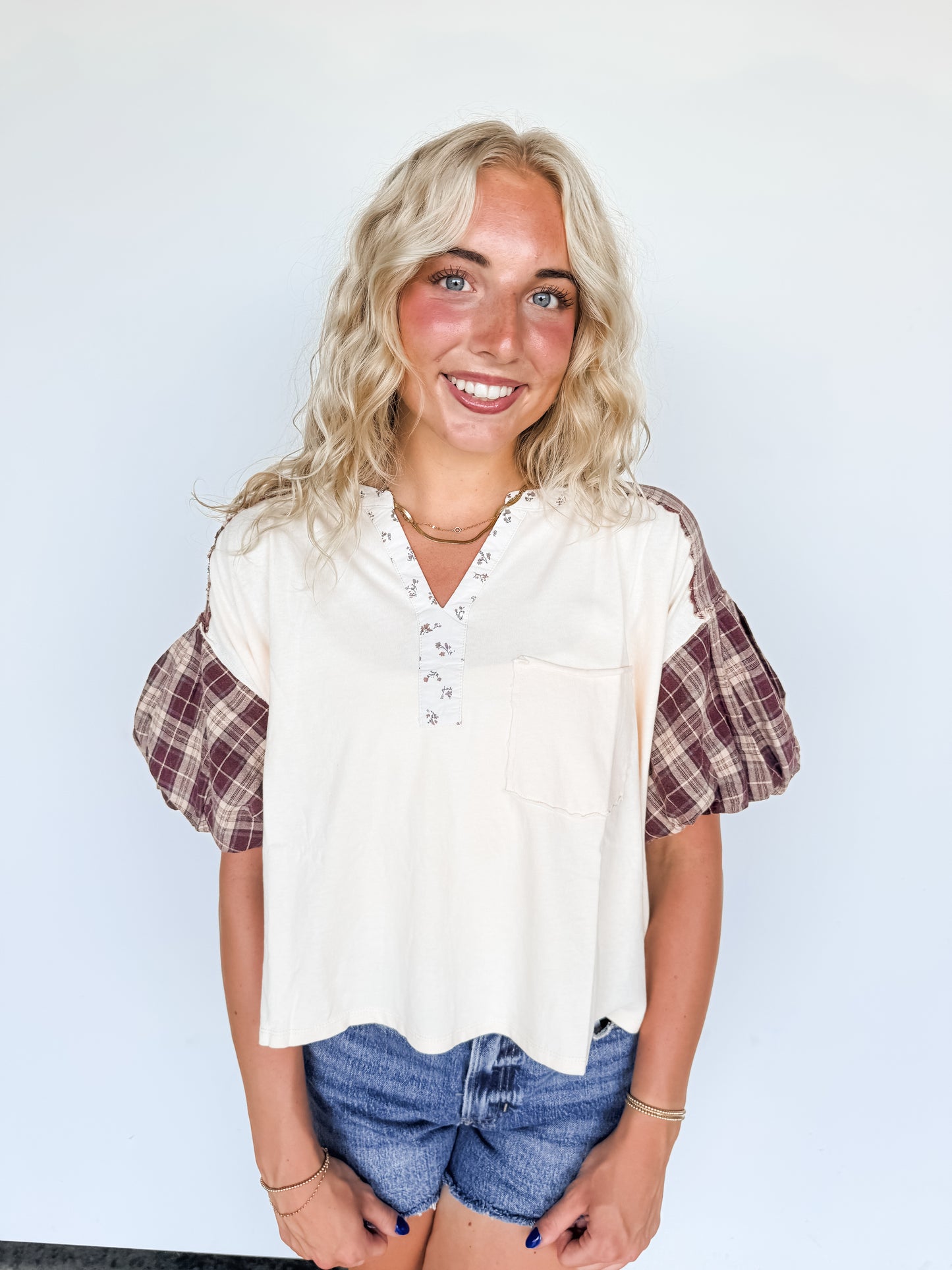 Cream & Berry Plaid Puff Sleeve Top