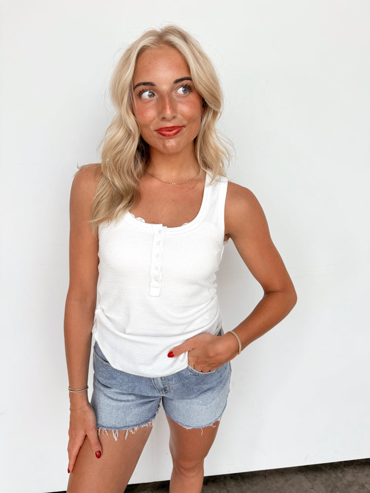 White Button Front Basic Tank