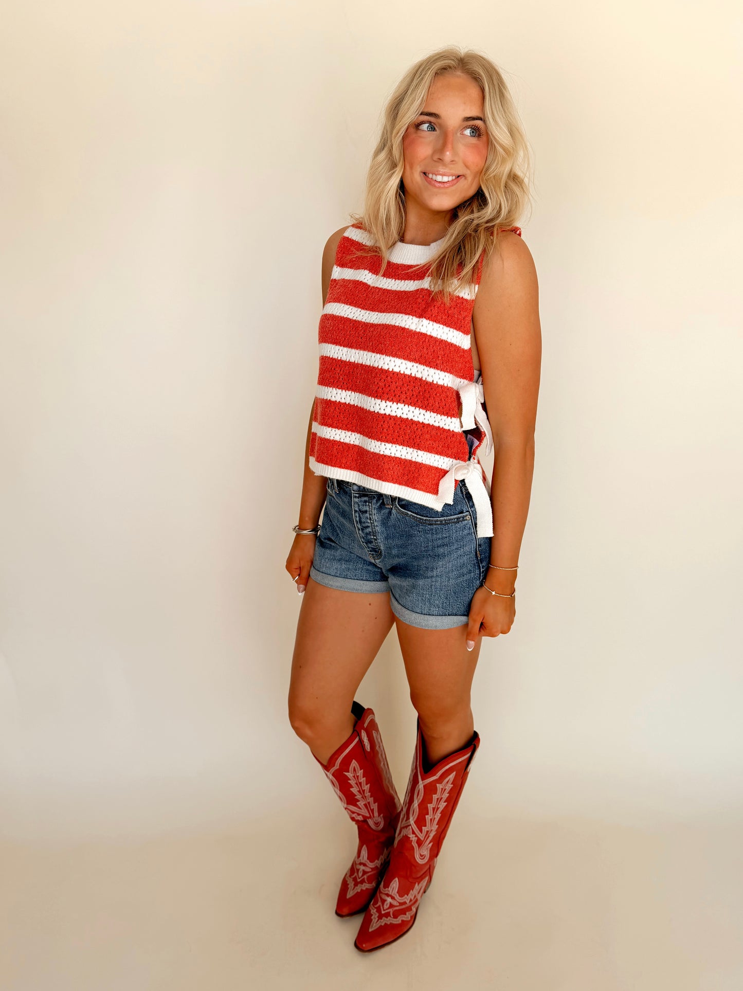Red Striped Sleeveless Knit Sweater Tank