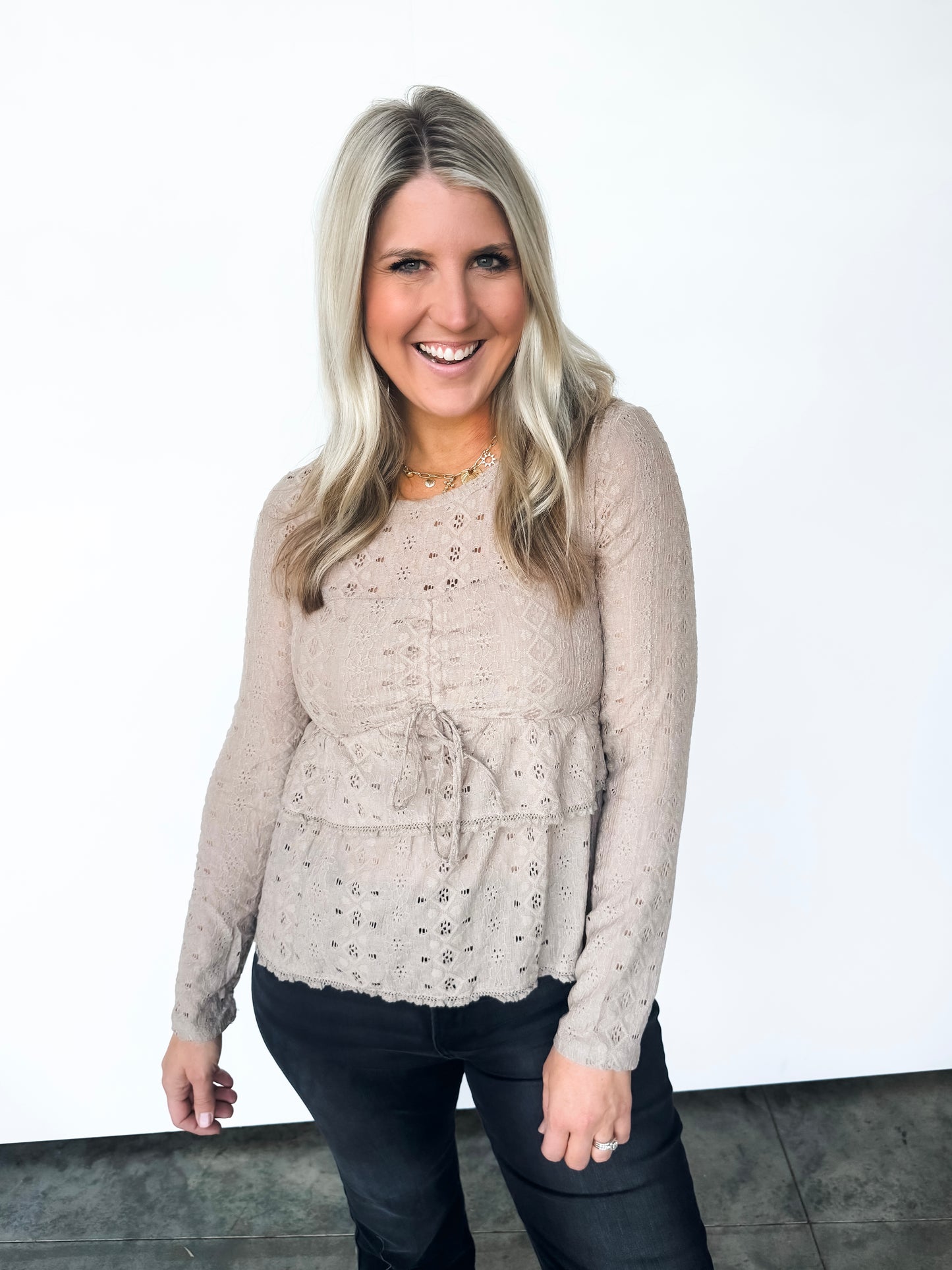 Taupe Eyelet Ruffle Top