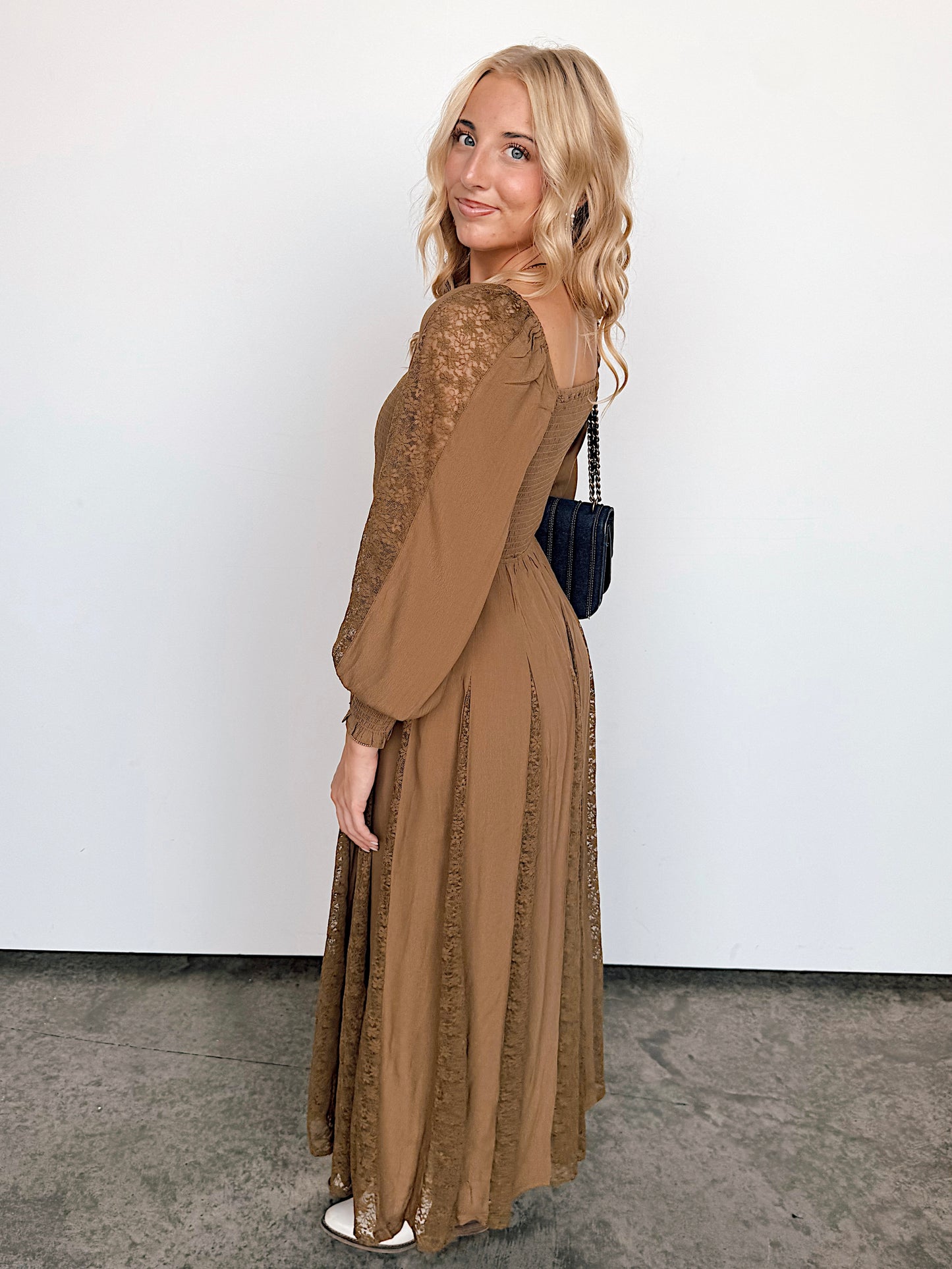 Citrine Olive Lace Inset Smocked Maxi Dress